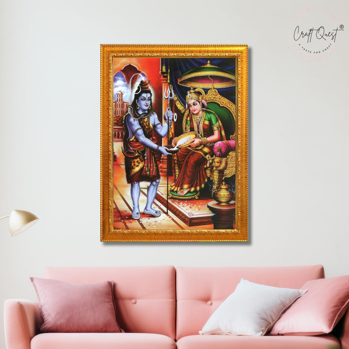 CRAFT QUEST Shiva & Maa Annapurna devi sitting on throne photo frame with Acrylic Glass for Kitchen, Food & Prosperity Blessing Hindu Wall Decor