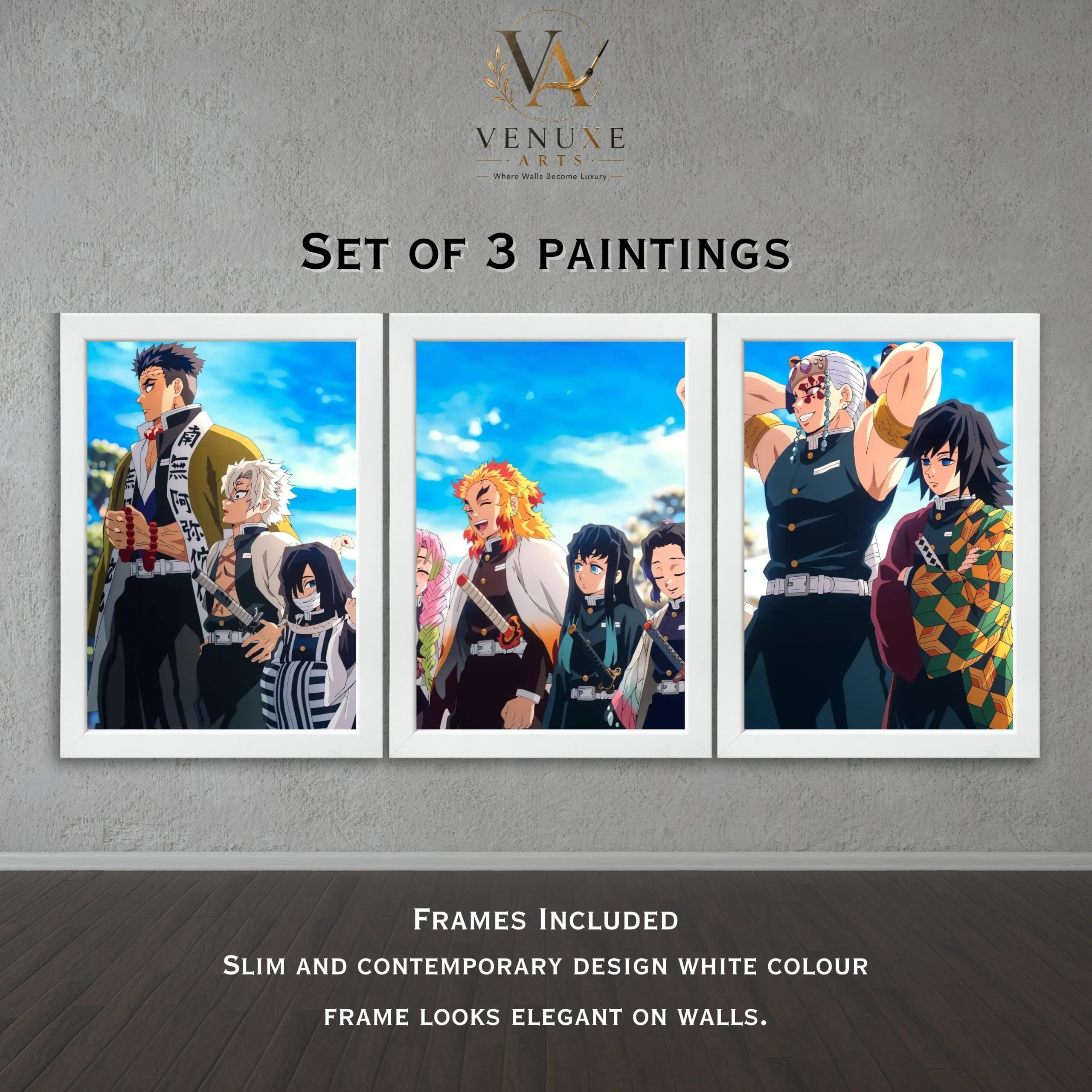 VENUXE ARTS Set Of 3 Anime Characters Wall Framed |Anime Characters Framed Poster for Living Room Bedroom Gaming Room Studio Wall Decor