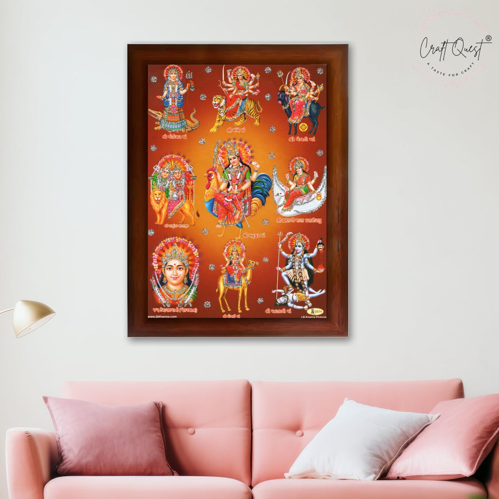 CRAFT QUEST Goddess Navdurga Durga MataJi Wall Painting Framed Home and Pooja Décor Item