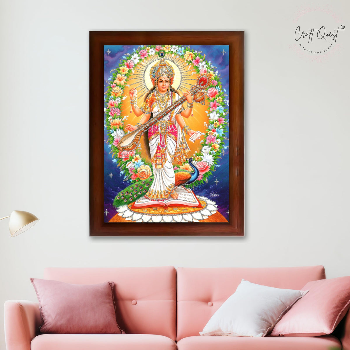 CRAFT QUEST Saraswati Devi Goddess Saraswati Maa Wall Painting Sparkle Coated Framed Home Decor wooden framed