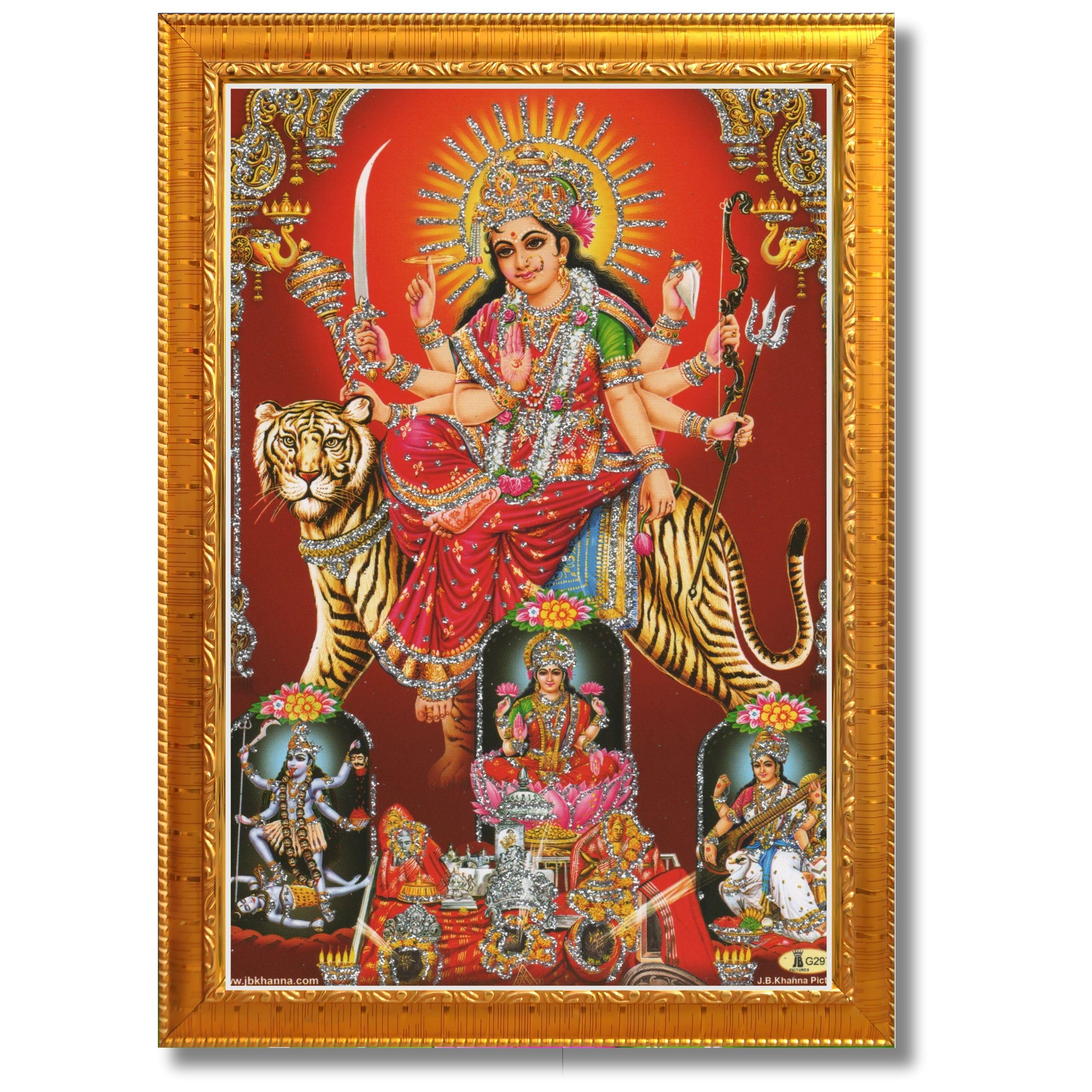 CRAFT QUEST Durga maa photo with Golden frame, God Religious Framed Painting (Small Size, 8 X 6 Inches) DURGA0608-207G