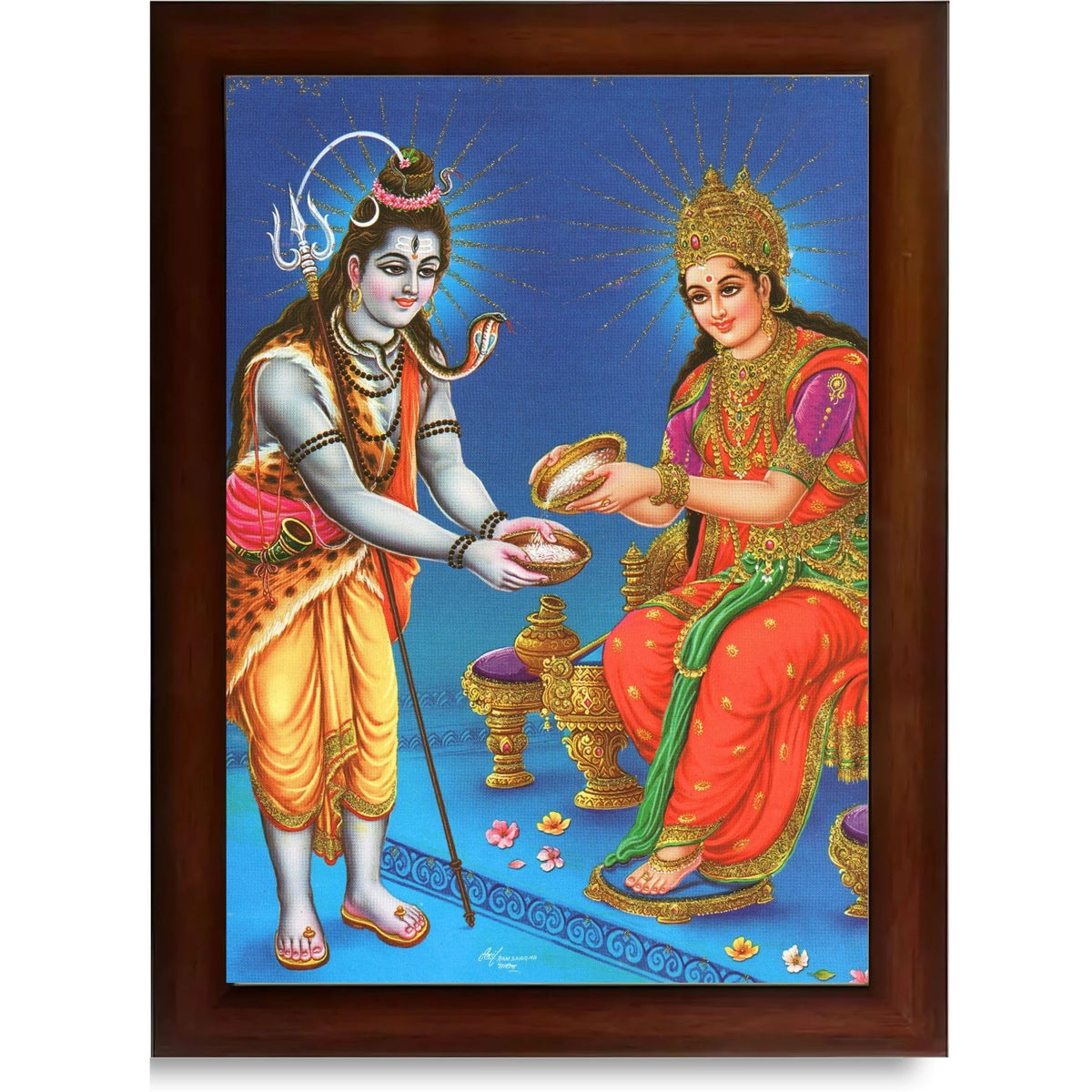 CRAFT QUEST Shiva & Maa Annapurna devi sitting on throne photo frame with Laminated Poster for Kitchen Worship