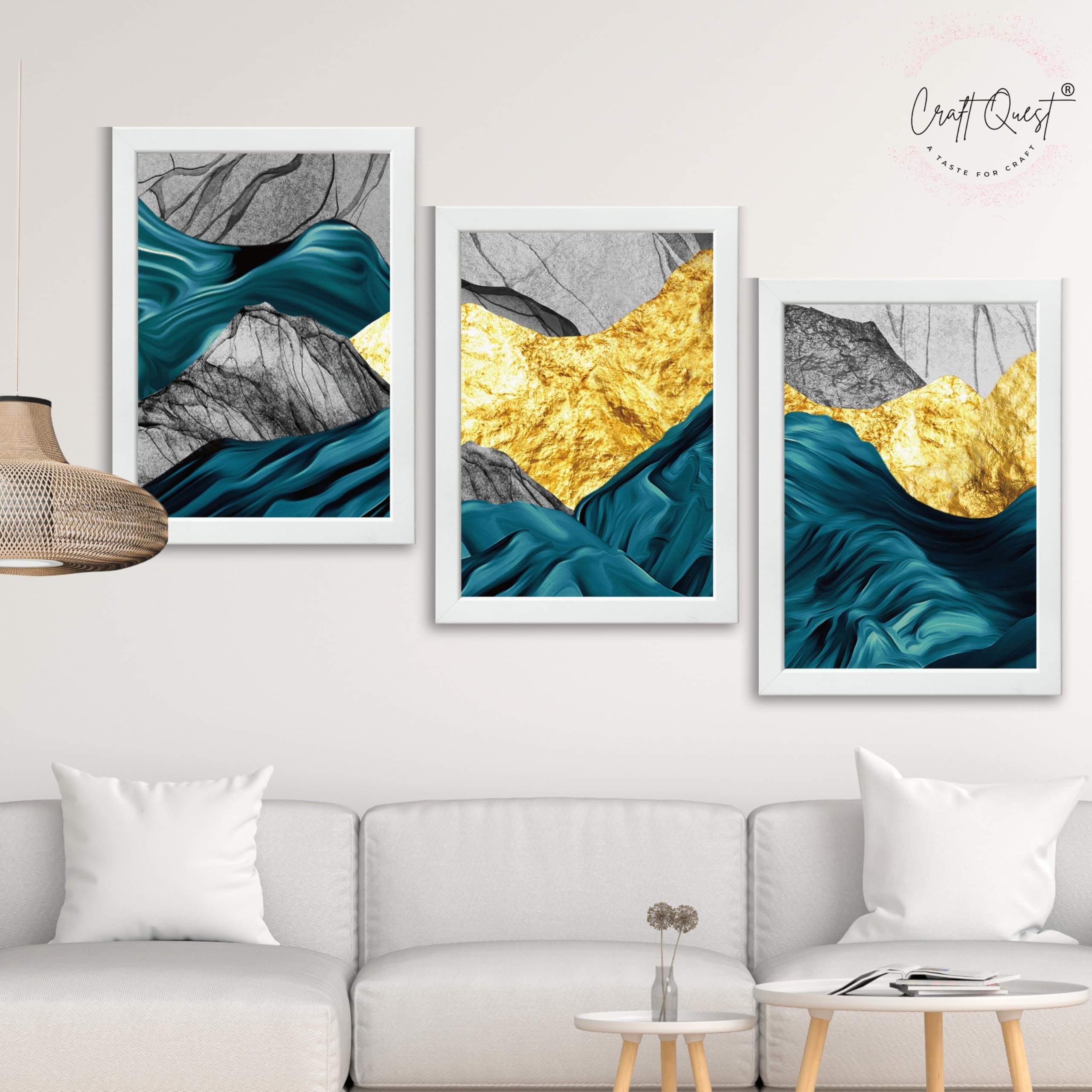 CRAFT QUEST Modern Art Abstract Golden Fashion Wall Art | Set of 3 Frames for Home Decoration | Ideal for Living Room, Bedroom & Offices