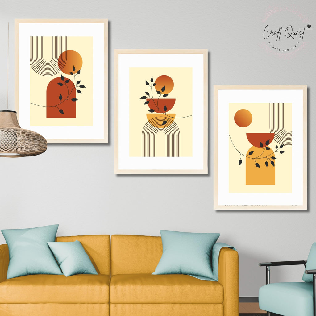 CRAFT QUEST Boho Contemporary Botanical Modern Wall Art | Set of 3 Frames for Home Decoration | Ideal for Living Room, Bedroom & Offices