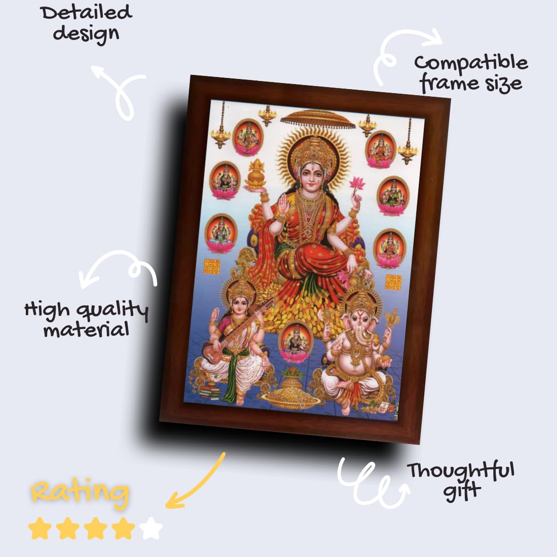 CRAFT QUEST Goddess Lakshmi ganesh saraswati Wall Painting Frame Home Decor (Synthetic, Matte Finish, Brown, Large Size, 14 X 10 Inch)