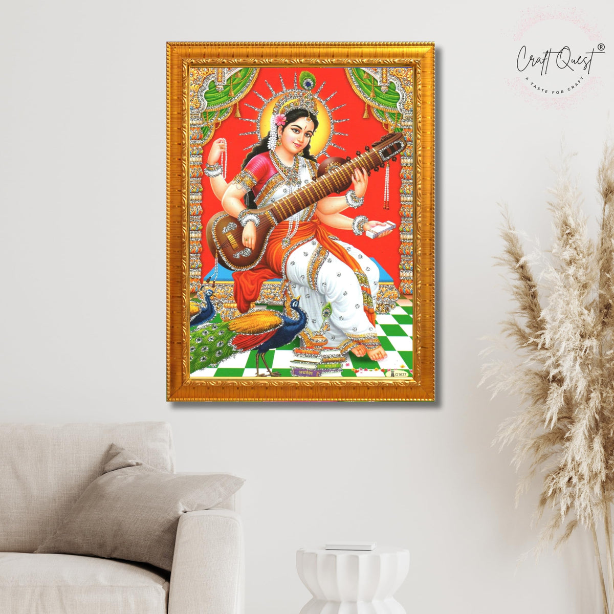 CRAFT QUEST Saraswati Devi Goddess Saraswati Maa Wall Painting Framed Home Decor wooden frame