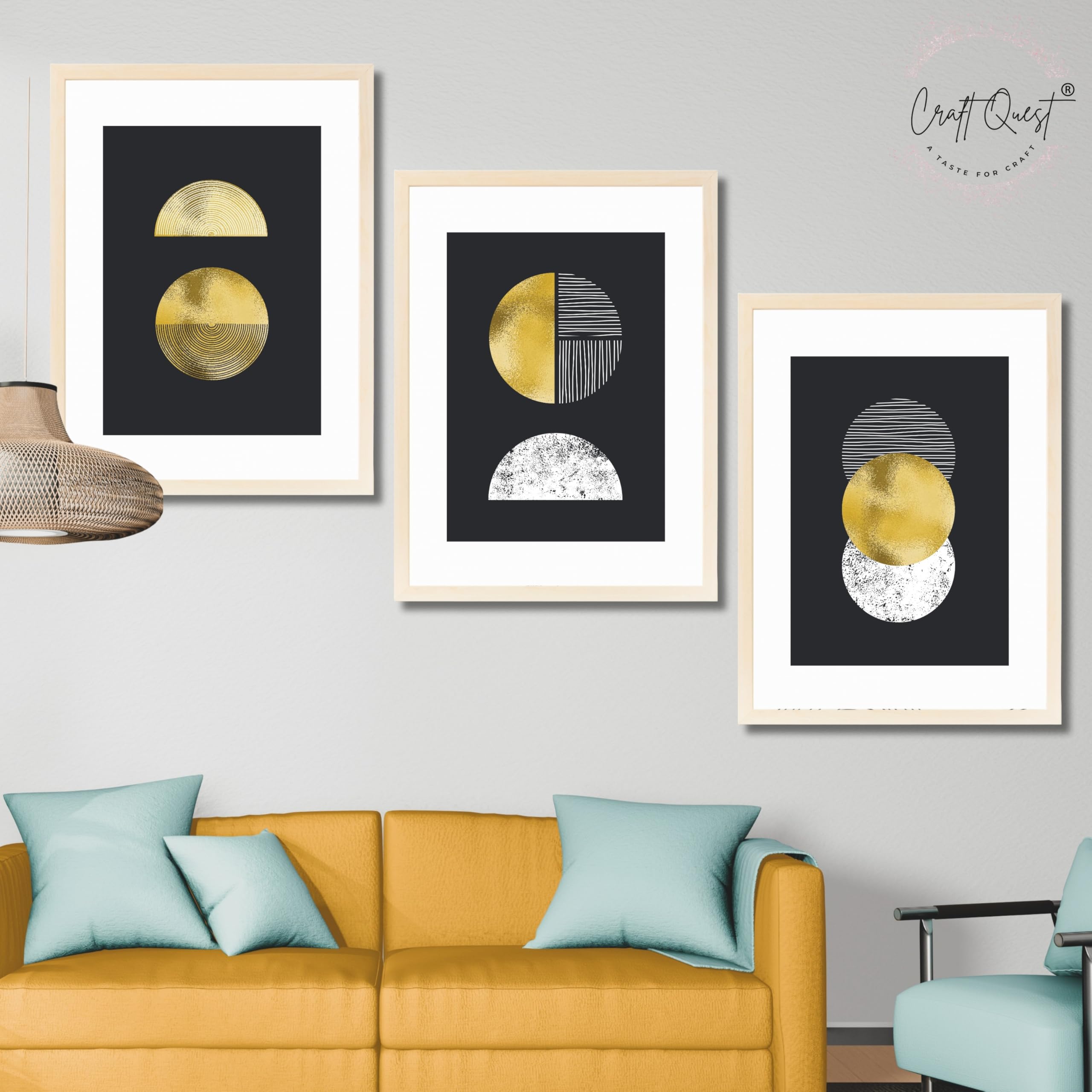 CRAFT QUEST Modern Minimalist Mid Century Abstract Wall Art | Set of 3 Frames for Home Decoration | Ideal for Living Room, Bedroom & Offices