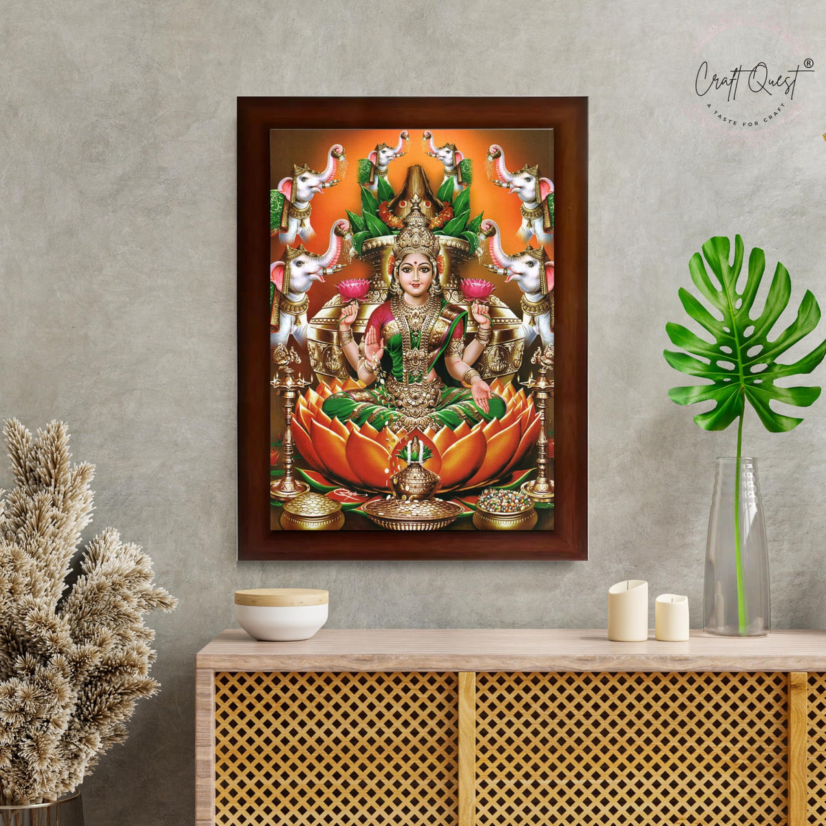 CRAFT QUEST Goddess Lakshmi Devi Dhana Vaibhav Laxmi Maa Wall Painting Photo Framed | Ideal for Home, Office, Temple & Puja Room, Wall Decor