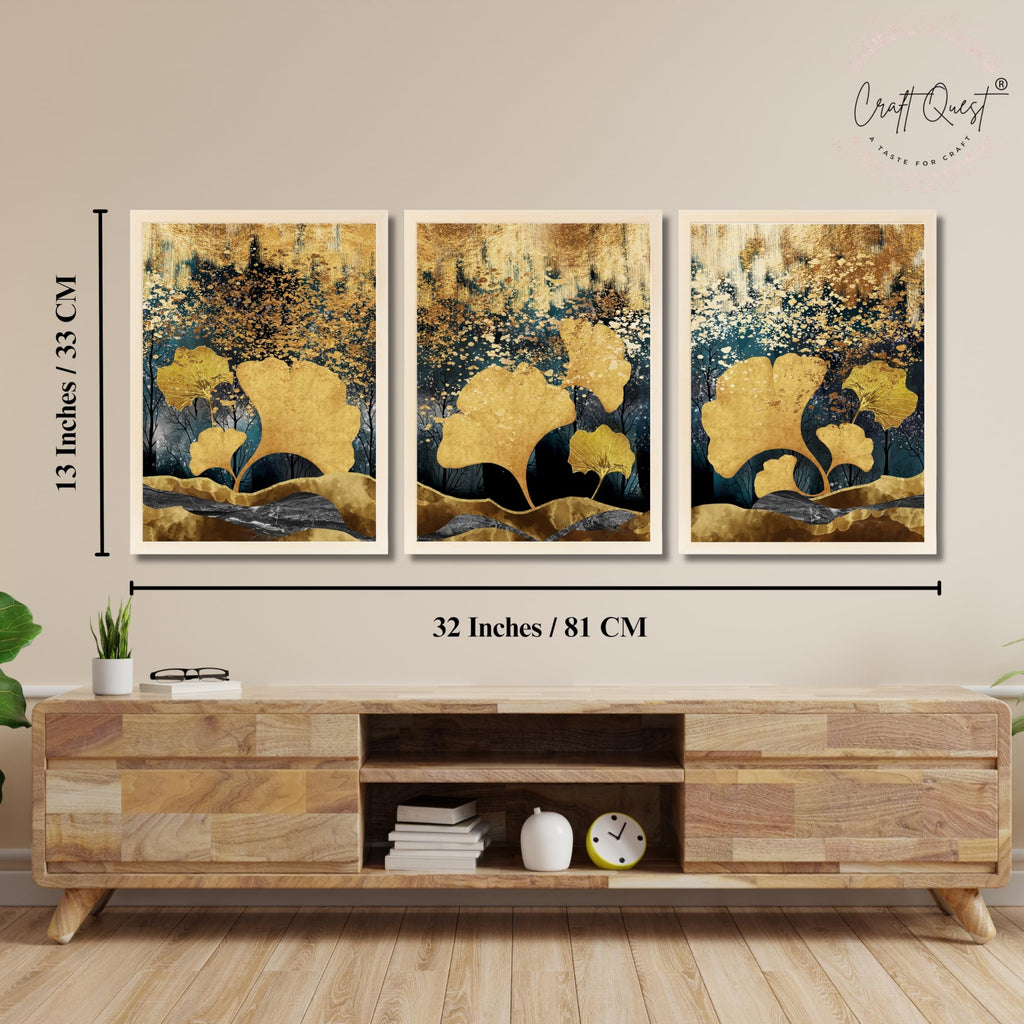 CRAFT QUEST Modern Art Of Ginko Leaves With Golden Mountains Wall Art | Set of 3 Frames for Home Decoration | Ideal for Living Room, Bedroom & Offices