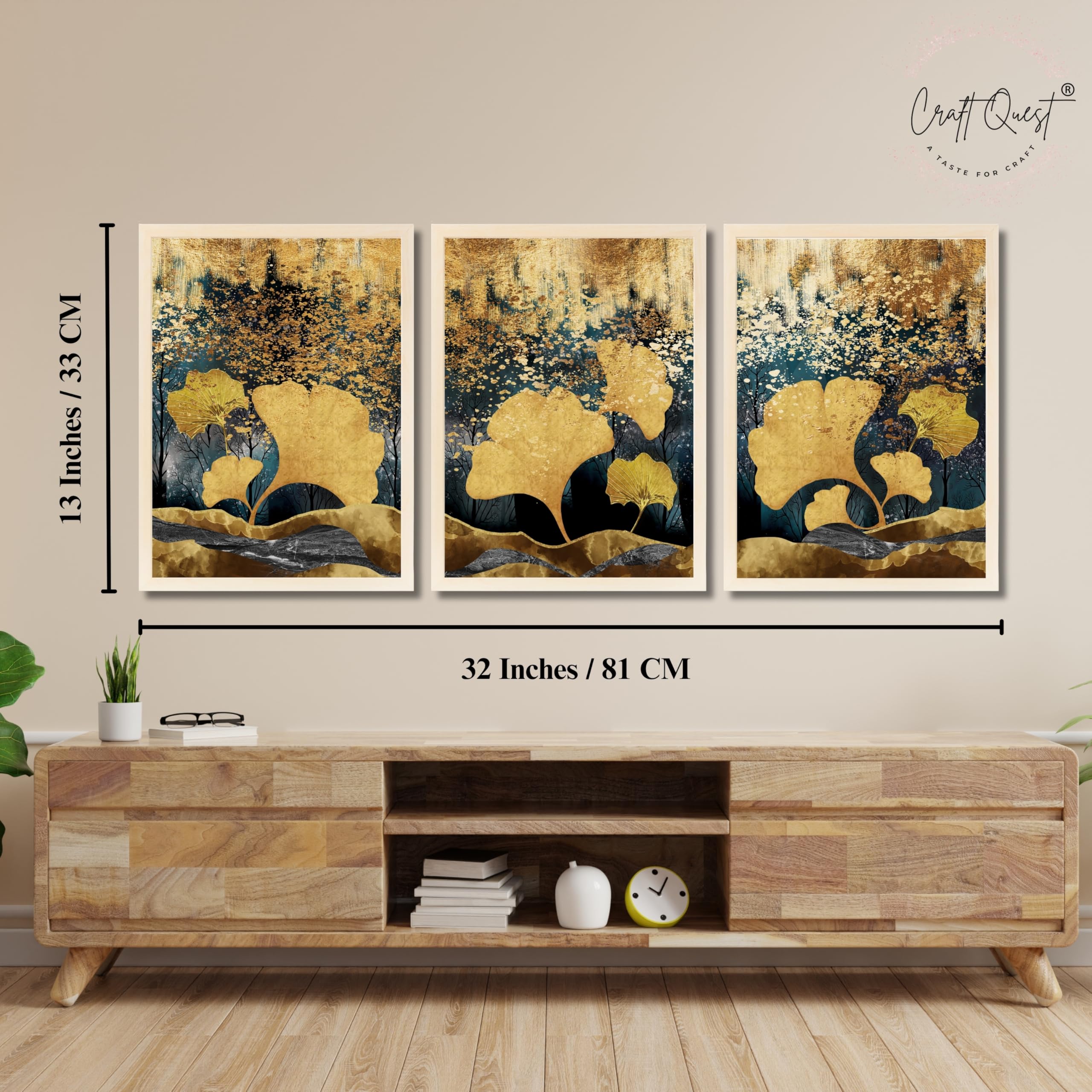 CRAFT QUEST Modern Art Of Ginko Leaves With Golden Mountains Wall Art | Set of 3 Frames for Home Decoration | Ideal for Living Room, Bedroom & Offices