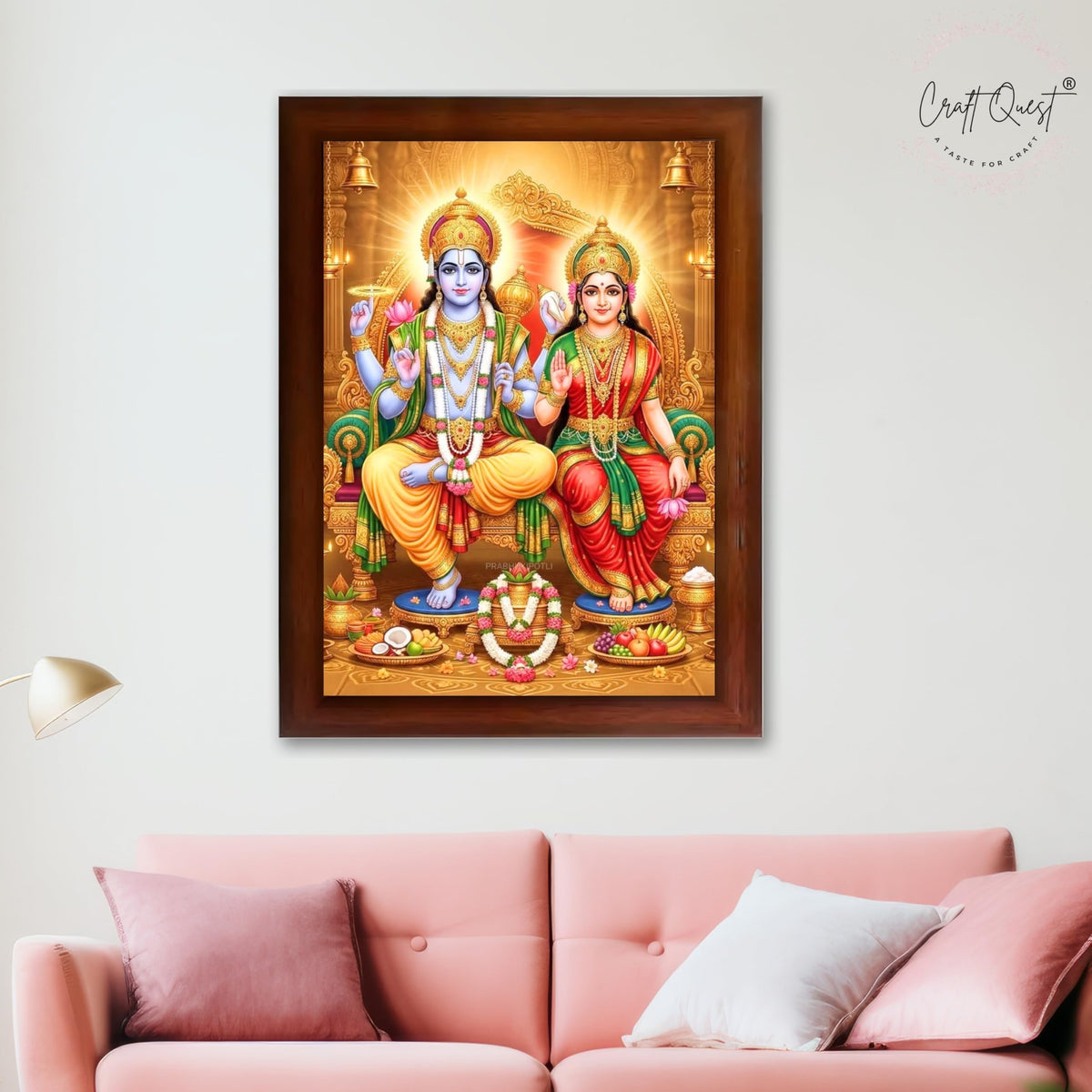 CRAFT QUEST Laxmi Vishnu Dev Lakshmi Devi Laxmi Narayan Ji Wall Painting Framed Home Decor, Religious Photo Frame
