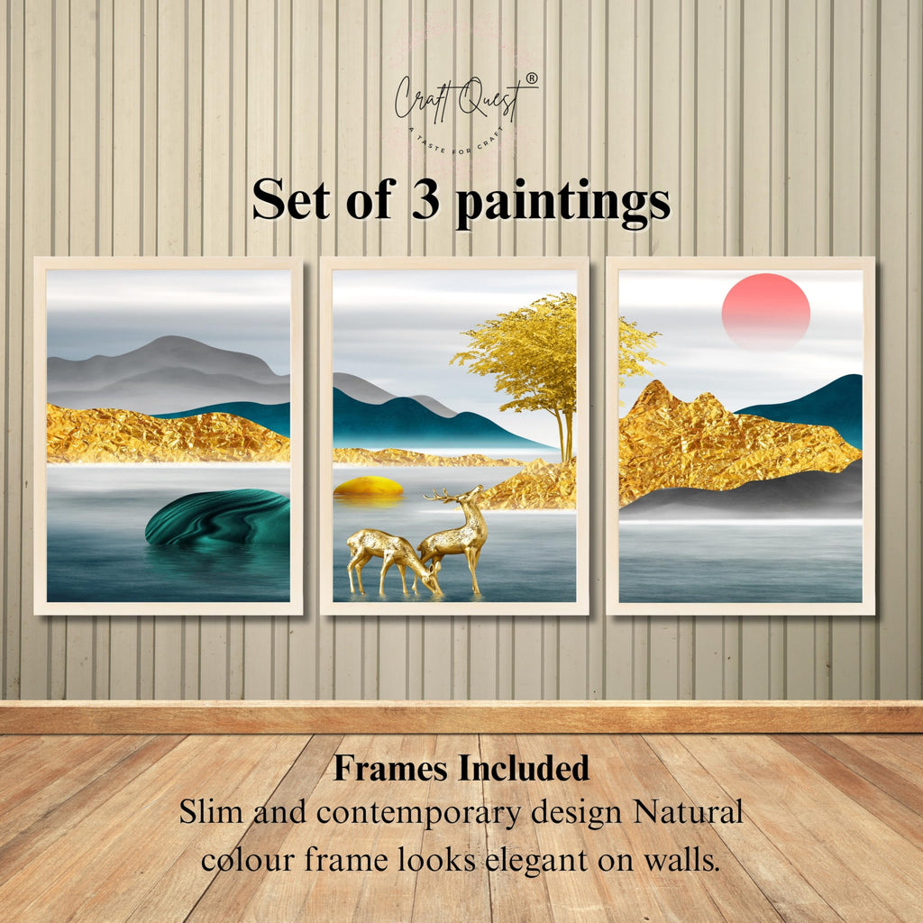 CRAFT QUEST Modern Art Landscapes Sanlian Abstract Wall Art | Set of 3 Frames for Home Decoration | Ideal for Living Room, Bedroom & Offices