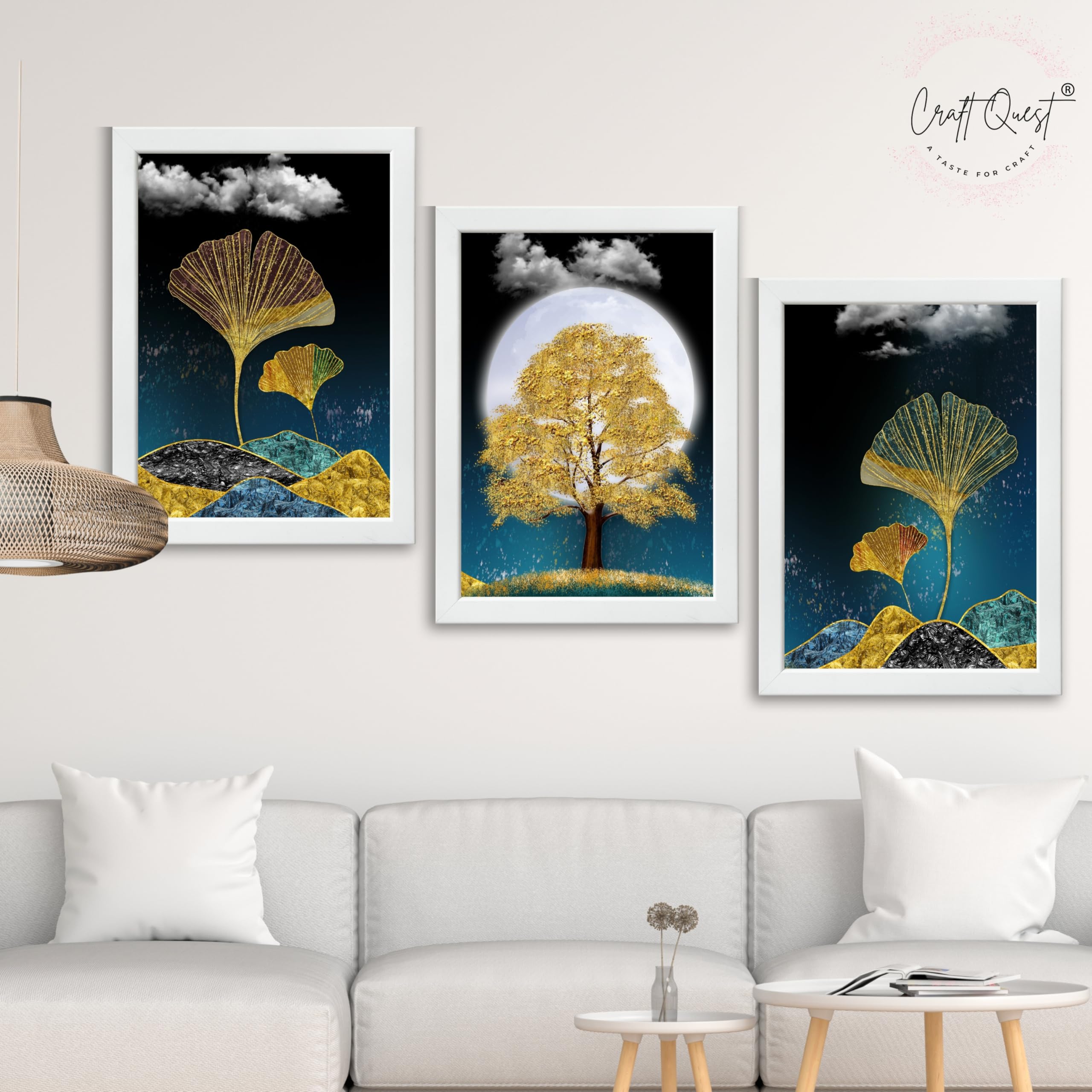 CRAFT QUEST Modern Art Mural With Golden Christmas Trees Wall Art | Set of 3 Frames for Home Decoration | Ideal for Living Room, Bedroom & Offices