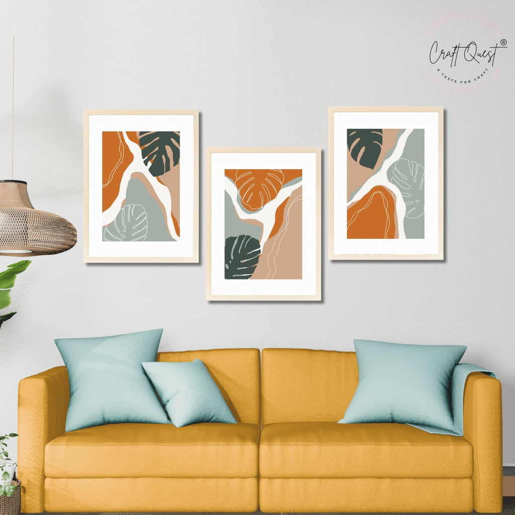 CRAFT QUEST SET OF 3 Organic Modern Leaf Wall Art | Set of 3 Frames for Home Decoration | Ideal for Living Room, Bedroom & Offices