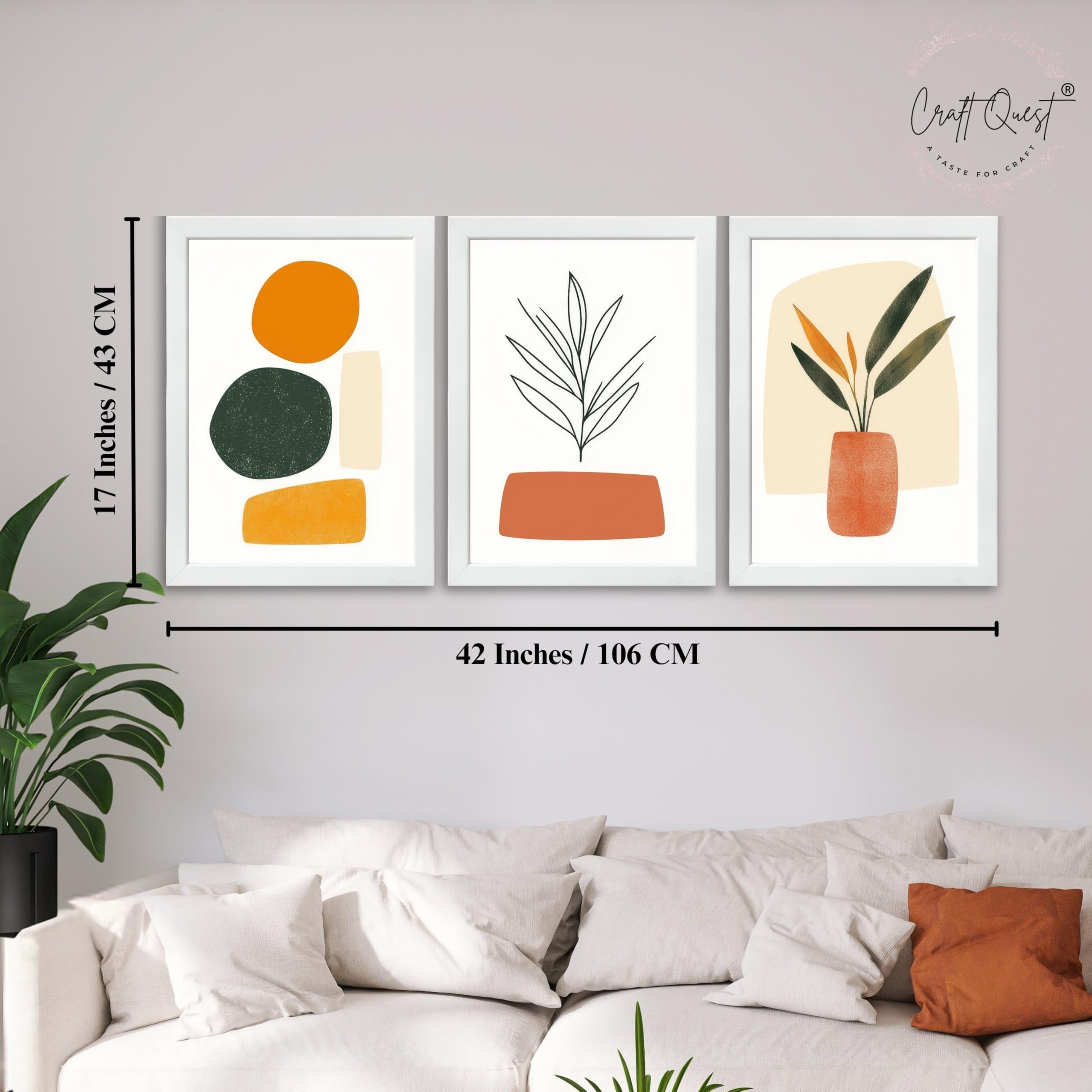CRAFT QUEST SET OF 3 Organic Abstract Wall Art | Set of 3 Frames for Home Decoration | Ideal for Living Room, Bedroom & Offices