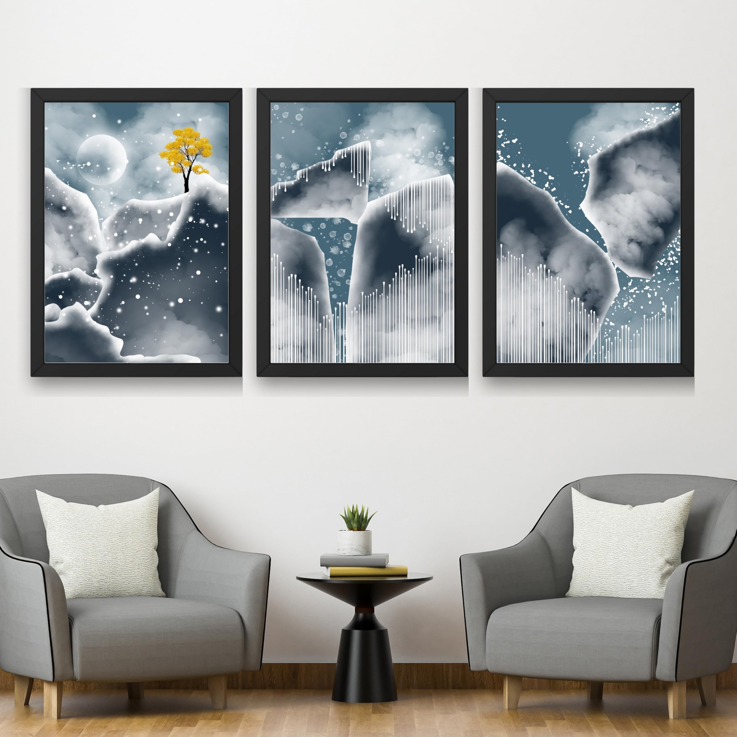 CRAFT QUEST Modern Art Abstract Blue Landscape Wall Art | Set of 3 Frames for Home Decoration | Ideal for Living Room, Bedroom & Offices