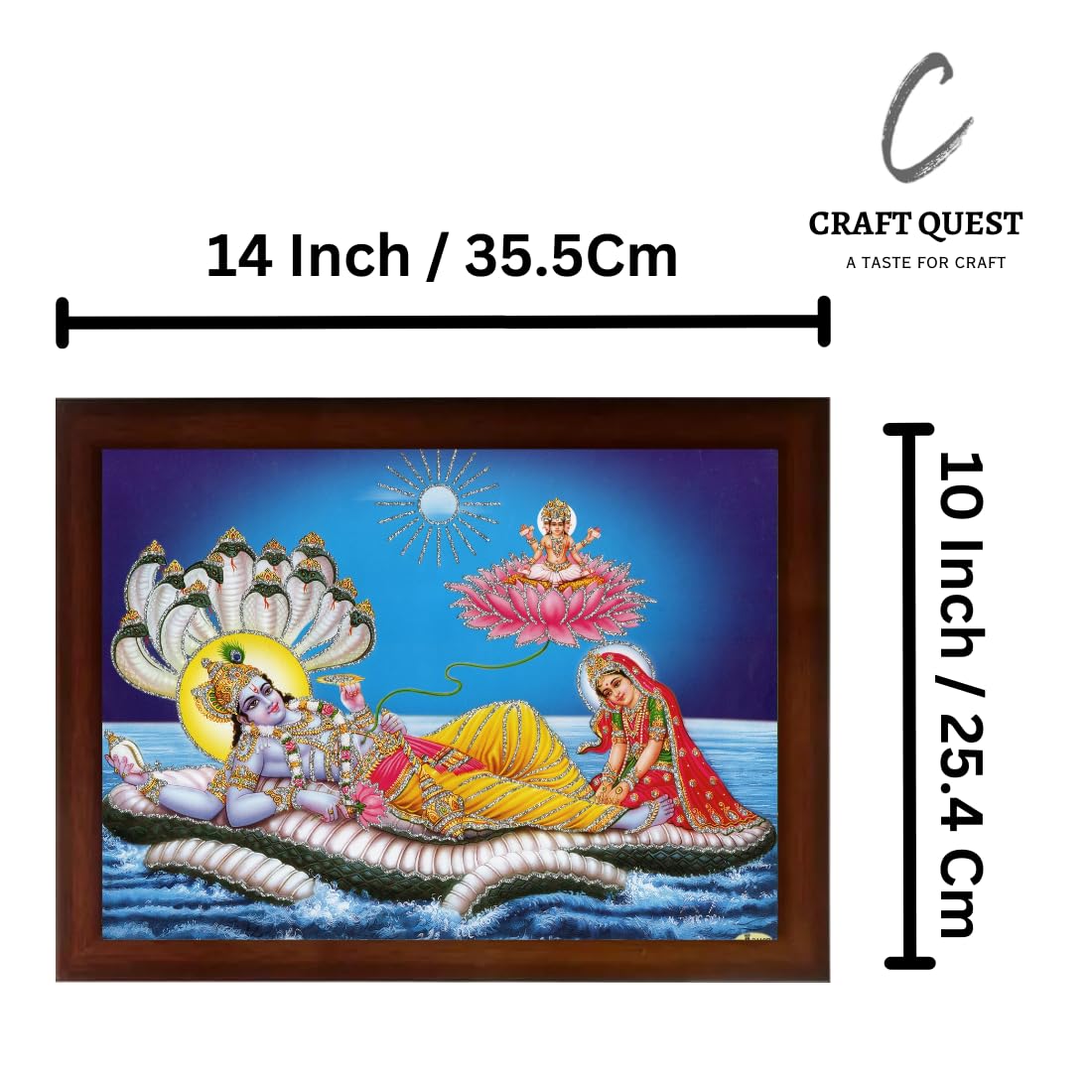 CRAFT QUEST Lord Vishnu and Goddess Lakshmi Giving Blessing on Shesh naag, landscape Glitter Painting with Golden Synthetic Frame