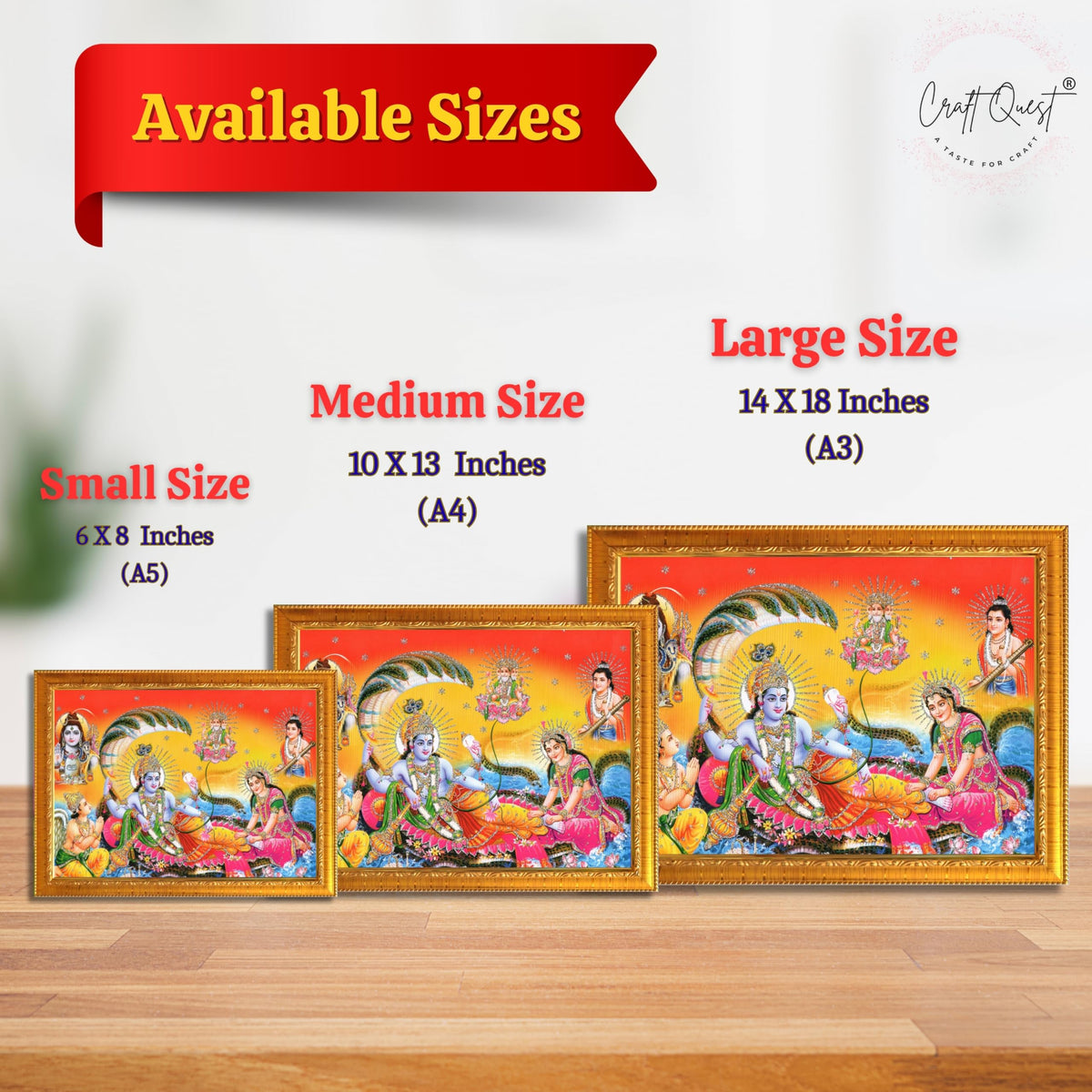 CRAFT QUEST Goddess Lakshmi pressing legs of lord Vishnu on Shesh naag, Glitter Work Painting wooden frame