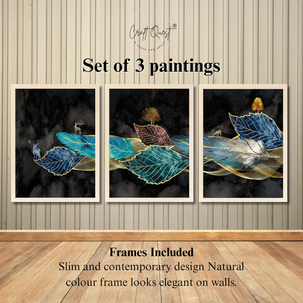 CRAFT QUEST Modern Art Blue,Turquoise & Red Leaves Wall Art | Set of 3 Frames for Home Decoration | Ideal for Living Room, Bedroom & Offices