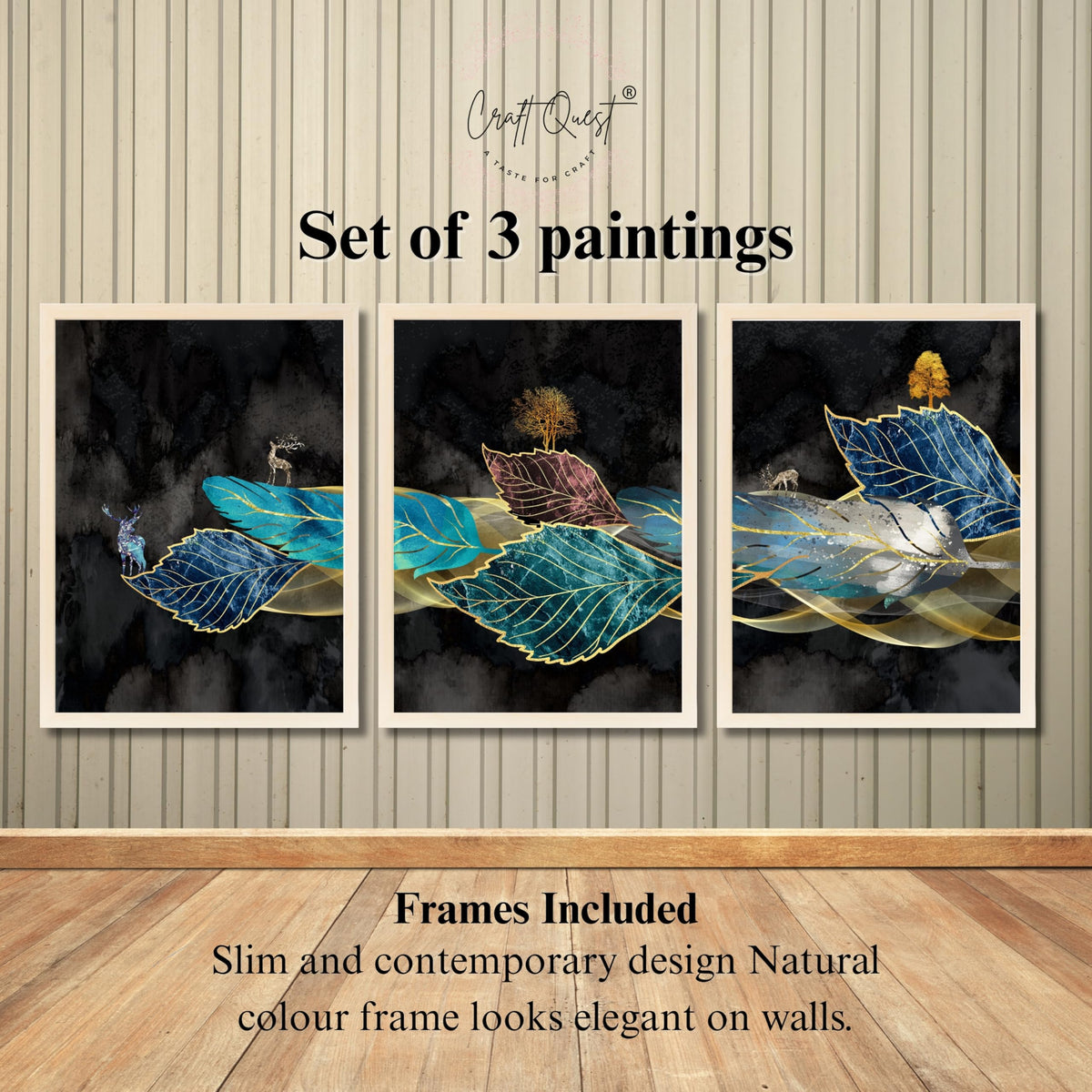 CRAFT QUEST Modern Art Blue,Turquoise & Red Leaves Wall Art | Set of 3 Frames for Home Decoration | Ideal for Living Room, Bedroom & Offices