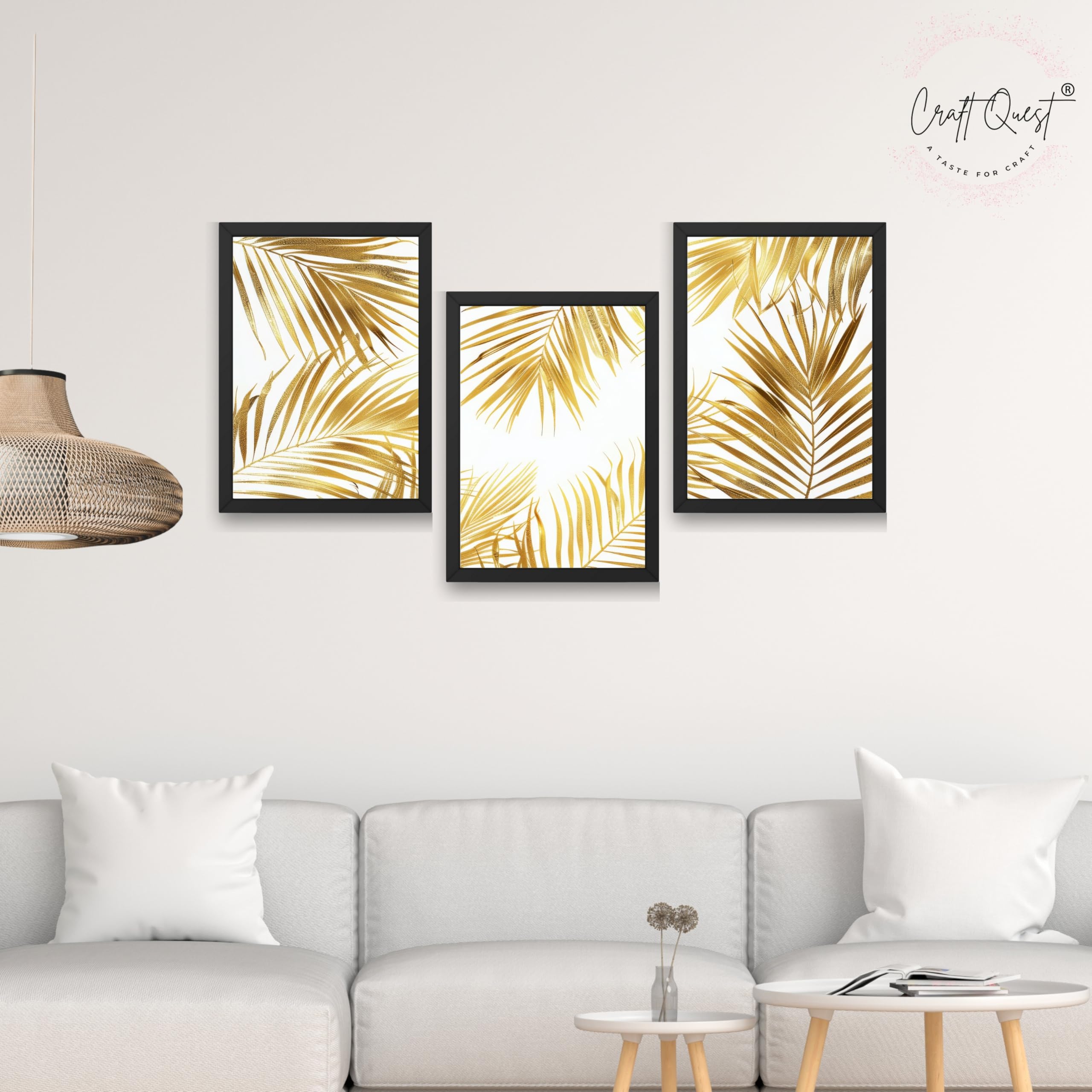 CRAFT QUEST Nature Inspired Abstract Plants Geometry Wall Art | Set of 3 Frames for Home Decoration | Ideal for Living Room, Bedroom & Offices