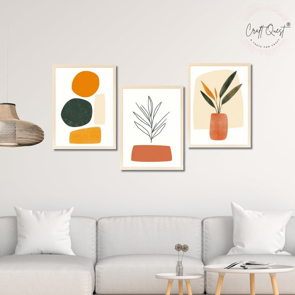CRAFT QUEST SET OF 3 Organic Abstract Wall Art | Set of 3 Frames for Home Decoration | Ideal for Living Room, Bedroom & Offices