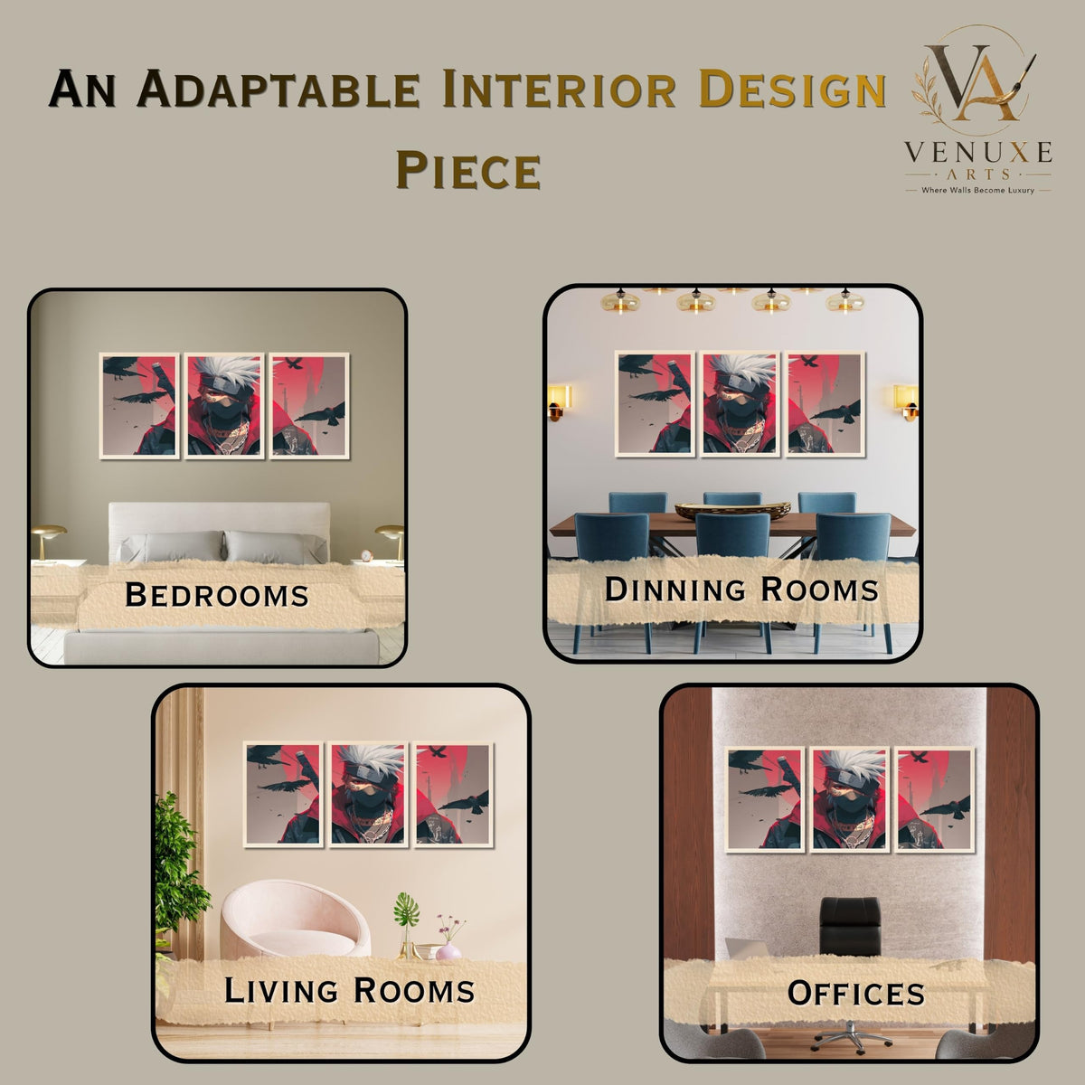 VENUXE ARTS Set Of 3 Anime Characters Wall Framed |Anime Characters Framed Poster for Living Room Bedroom Gaming Room Studio Wall Decor