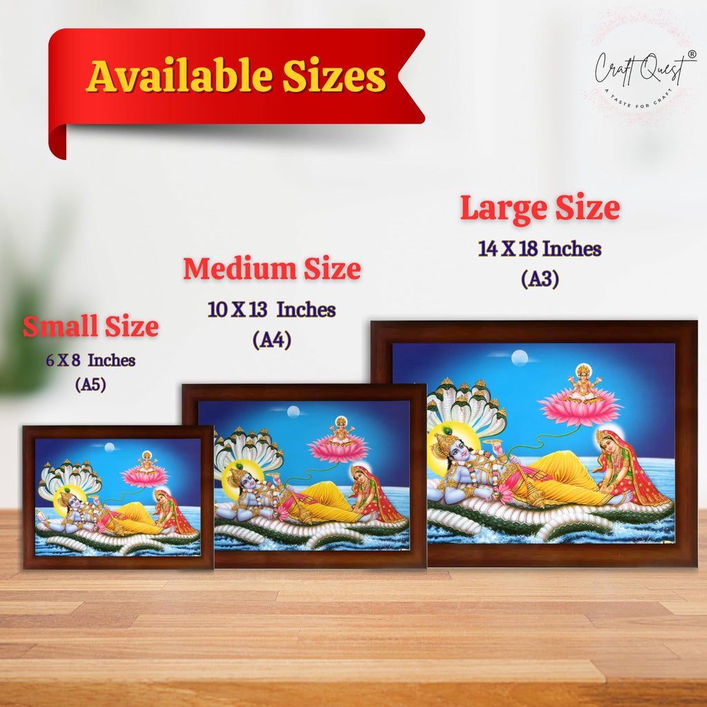 CRAFT QUEST Lord Vishnu and Goddess Lakshmi Giving Blessing on Shesh naag, landscape Glitter Painting with Golden Synthetic Frame