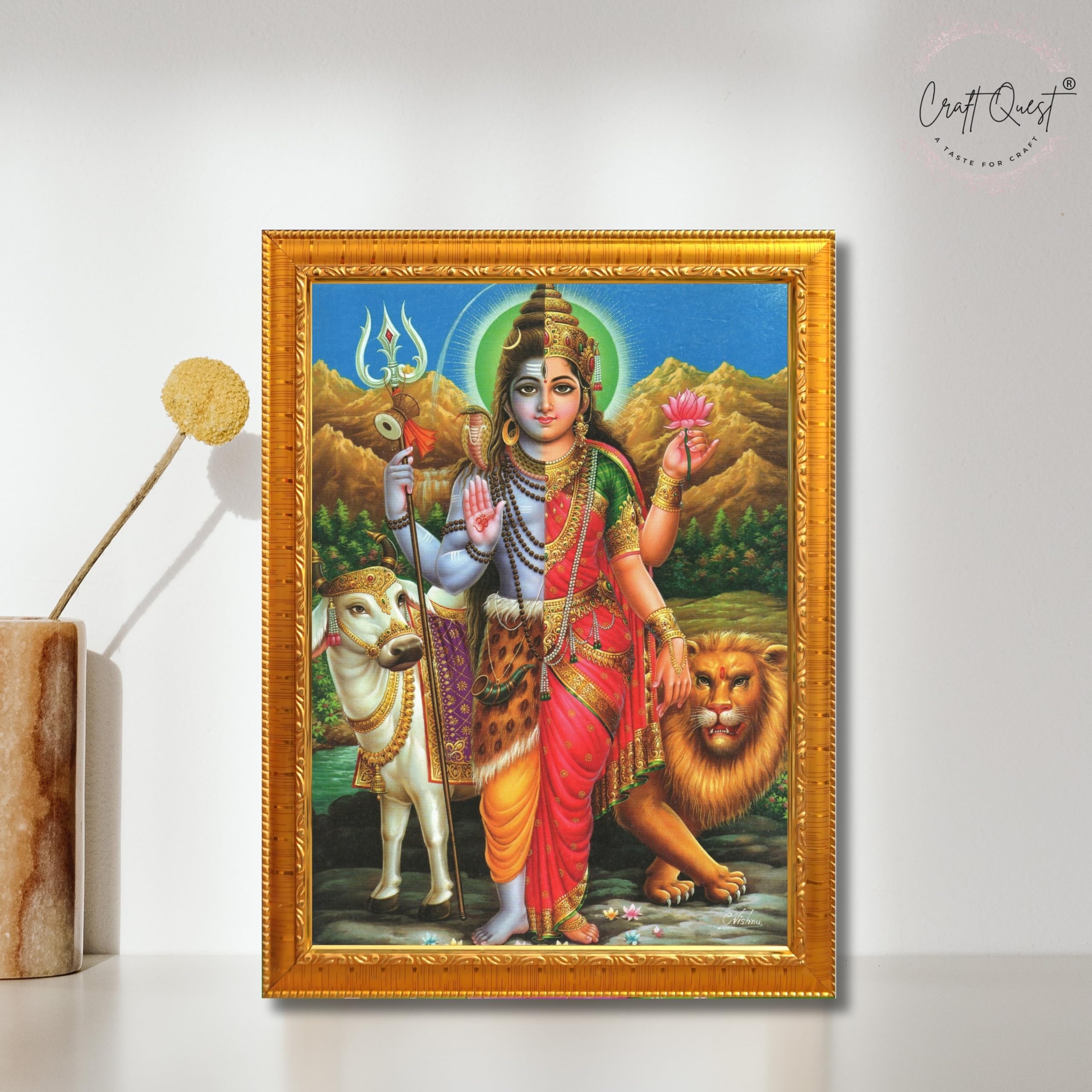 CRAFT QUEST Ardhanarishvara Arthanareeswara Shiv Parvati Photo Frame | God Spiritual Framed | Ideal for Home, Office, Temple & Puja Room, Wall Decor