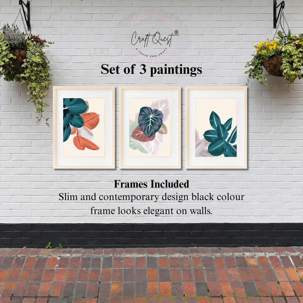 CRAFT QUEST Wall Art Decor Paintings | Set of 3 FLORAL Wall Art Frames for Home Decoration | Ideal for Living Room, Bedroom & Offices
