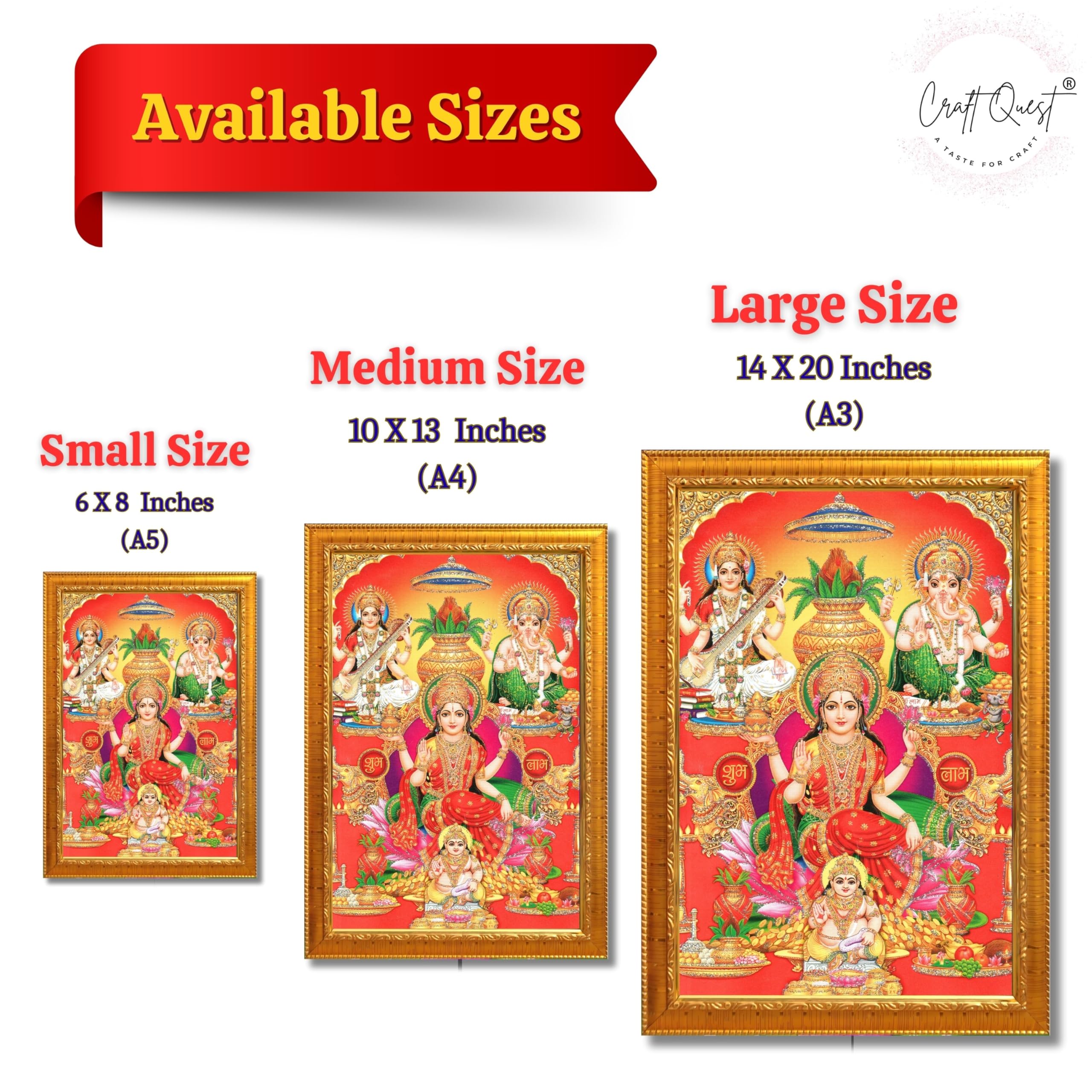 CRAFT QUEST Lakshmi Devi Ganesha Saraswati Ganesh Hanging Wall Painting Framed Home Decor Hindu Bhagwan Devi Devta Photo Frame