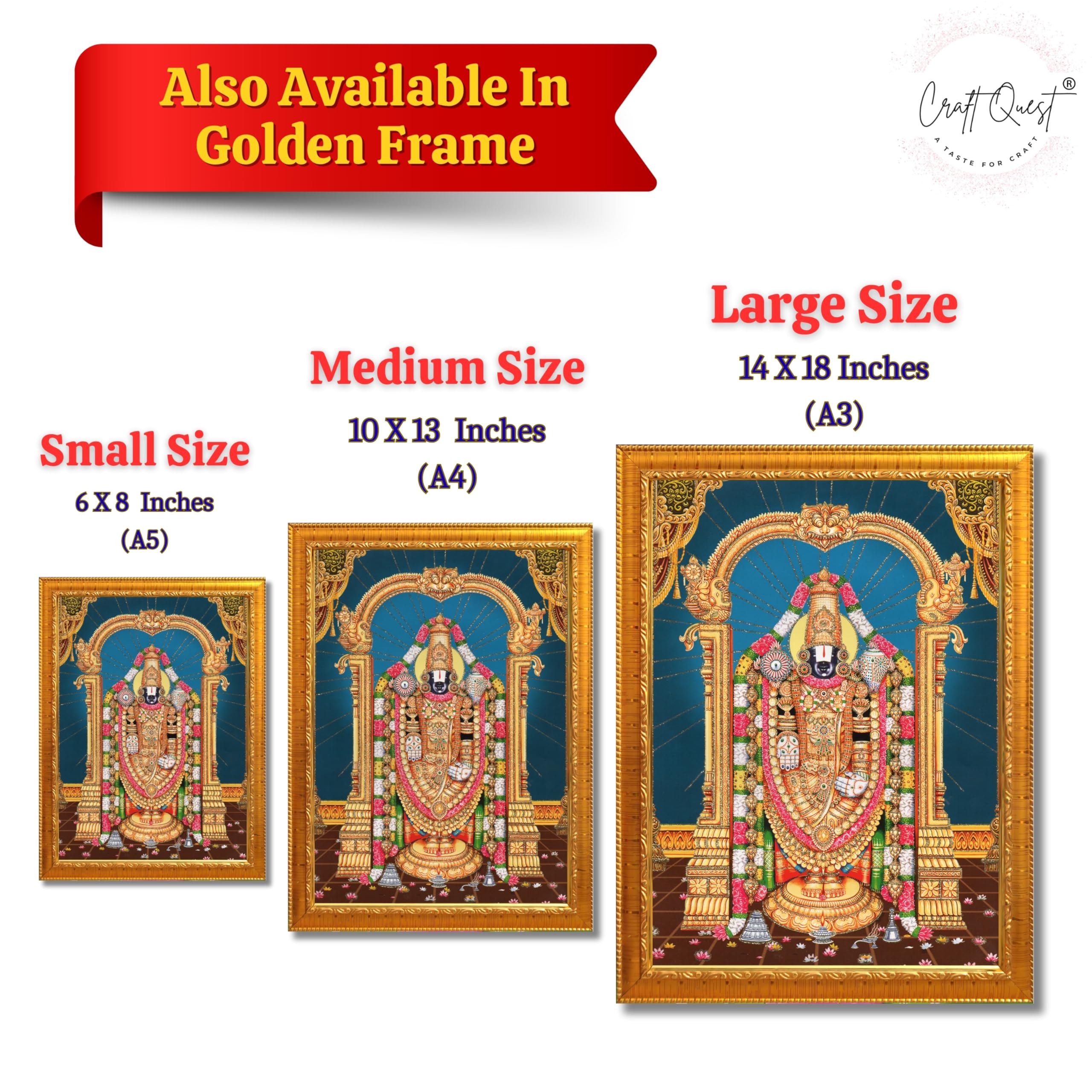 CRAFT QUEST Lord Tirupati Balaji Lakshmi Venkateshwara Swamy Wall Painting Framed Home Room Decor