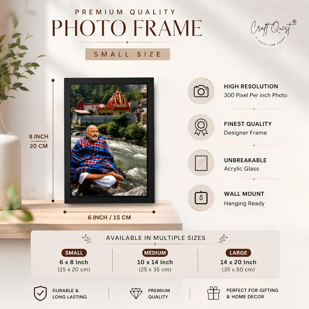 CRAFT QUEST Neem Karoli Baba Maharaj Ji Smiling Portrait Photo Frame for Wall | Spiritual Guru Religious Wall Art | Devotional Photo for Home, Mandir, Puja Room & Gifting