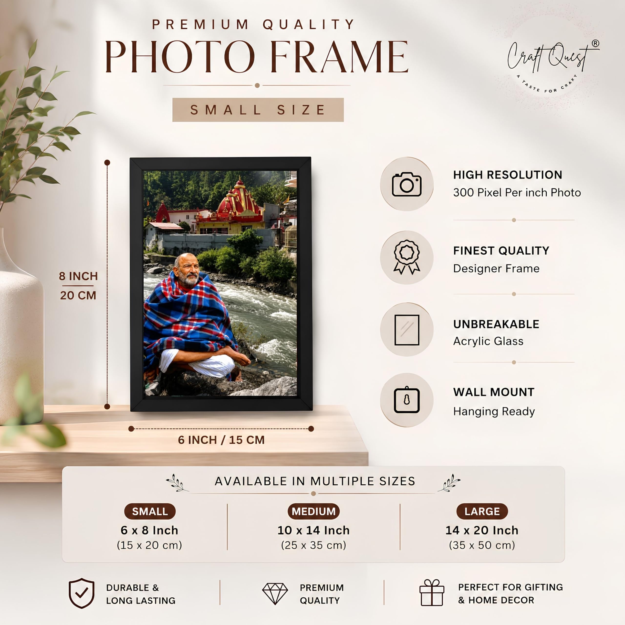 CRAFT QUEST Neem Karoli Baba Maharaj Ji Smiling Portrait Photo Frame for Wall | Spiritual Guru Religious Wall Art | Devotional Photo for Home, Mandir, Puja Room & Gifting