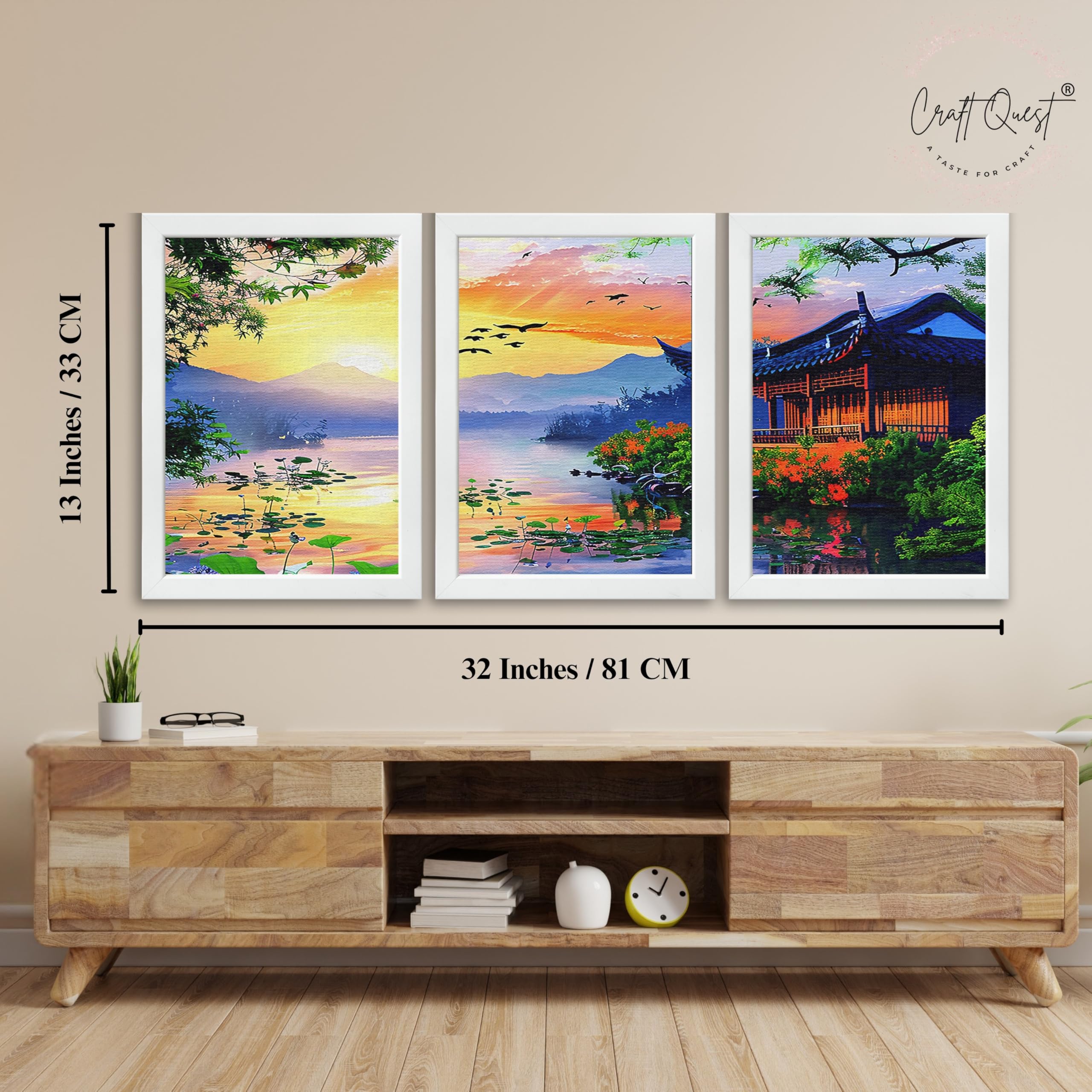 CRAFT QUEST Modern Art Of Sunset Wall Art | Set of 3 Frames for Home Decoration | Ideal for Living Room, Bedroom & Offices