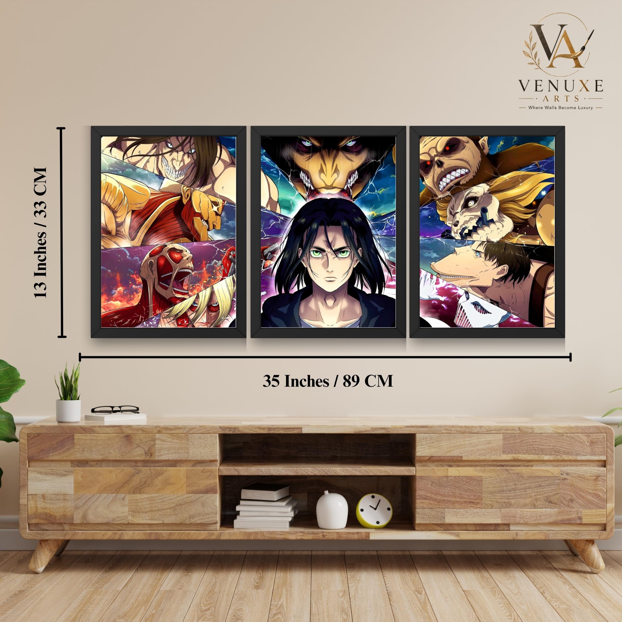VENUXE ARTS Set Of 3 Anime Characters Wall Framed |Anime Characters Framed Poster for Living Room Bedroom Gaming Room Studio Wall Decor