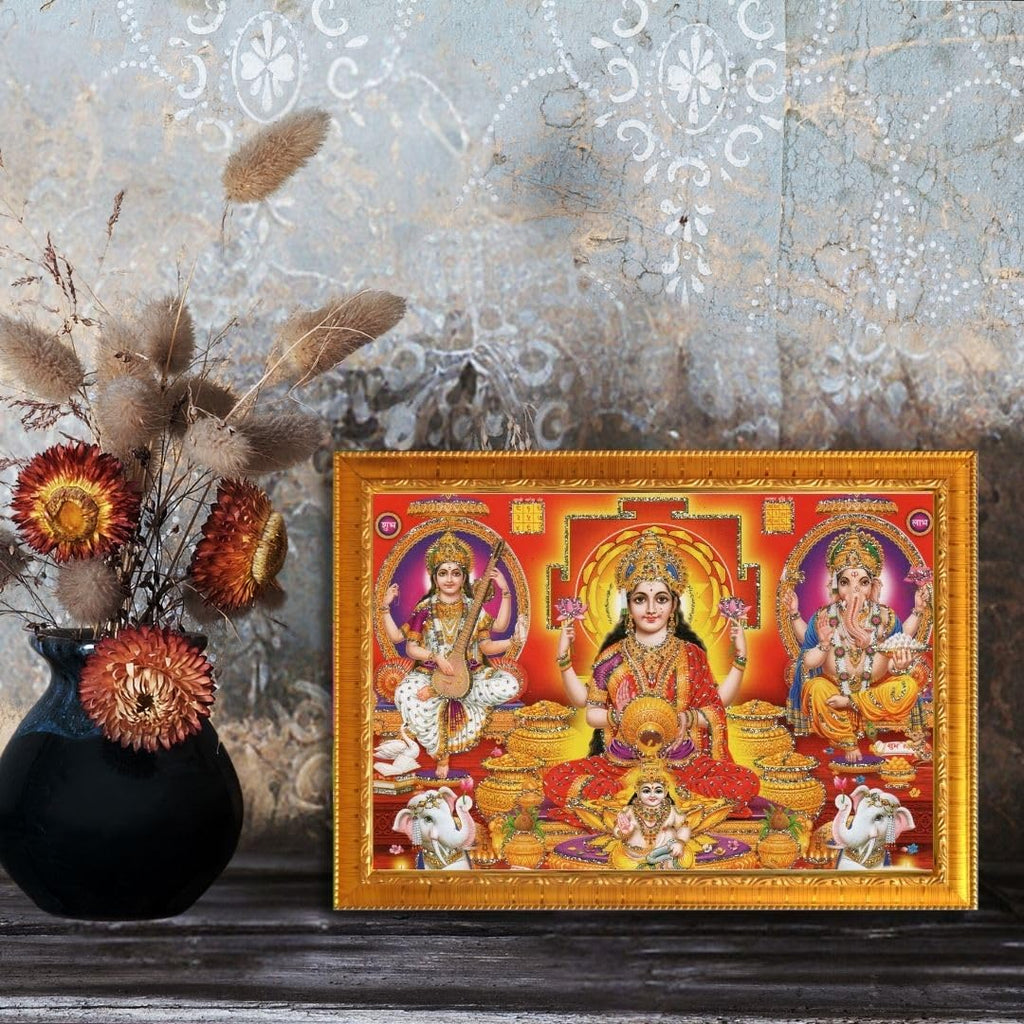 CRAFT QUEST Lakshmi Devi with Kuber Ji, Ganesh ji, Saraswati maa Wall Painting Frame Home Decor (Synthetic, Sparkle Finish, Golden, Small Size, 8 X 6 Inch)
