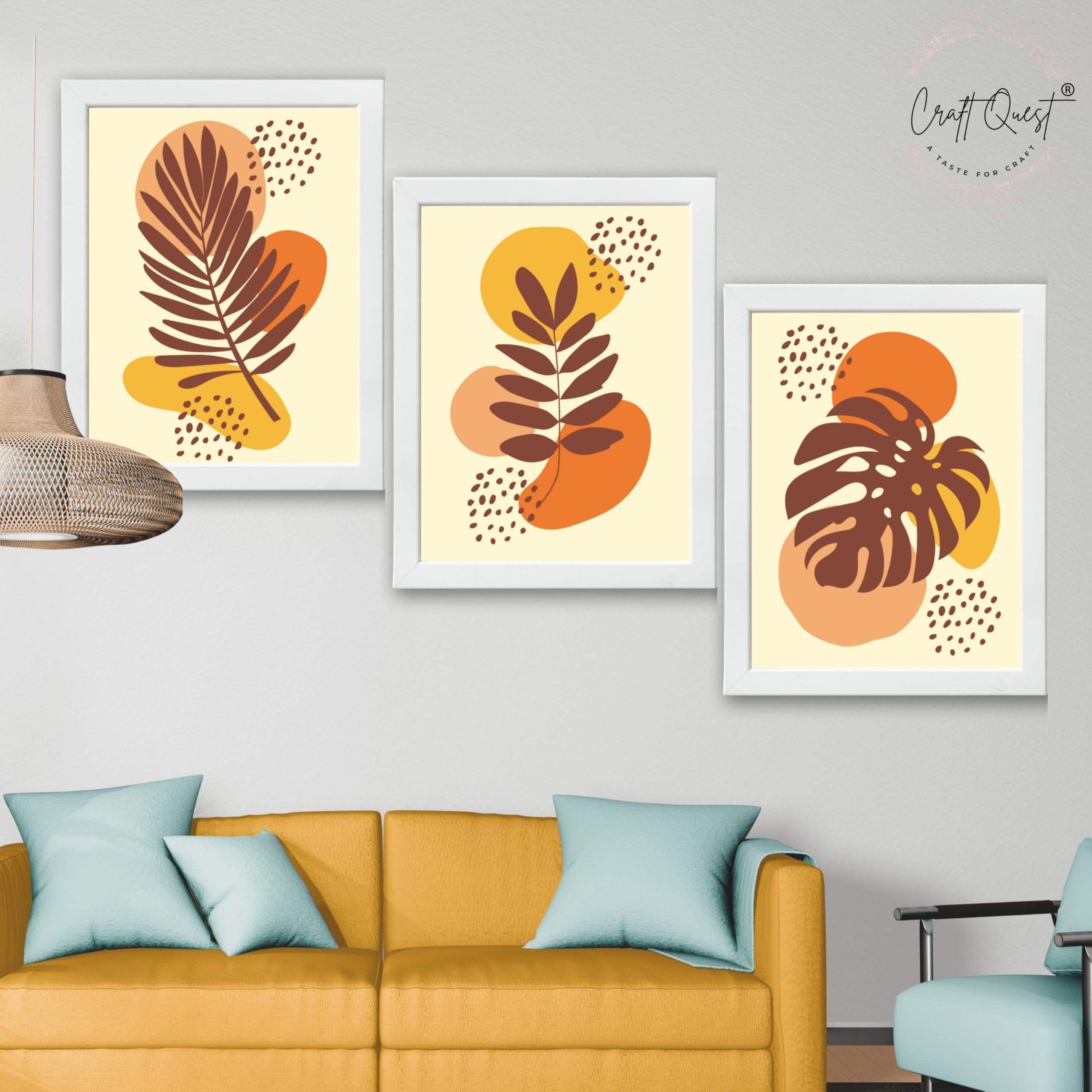 CRAFT QUEST Wall Art Decor Paintings | Set of 3 BOHO Wall Art Frames for Home Decoration | Ideal for Living Room, Offices & Bedrooms