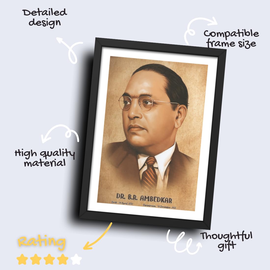 CRAFT QUEST UV Textured Decorative Art Print of Indian Freedom Fighter Dr. B. R. Ambedkar with Wooden Synthetic Frame Painting