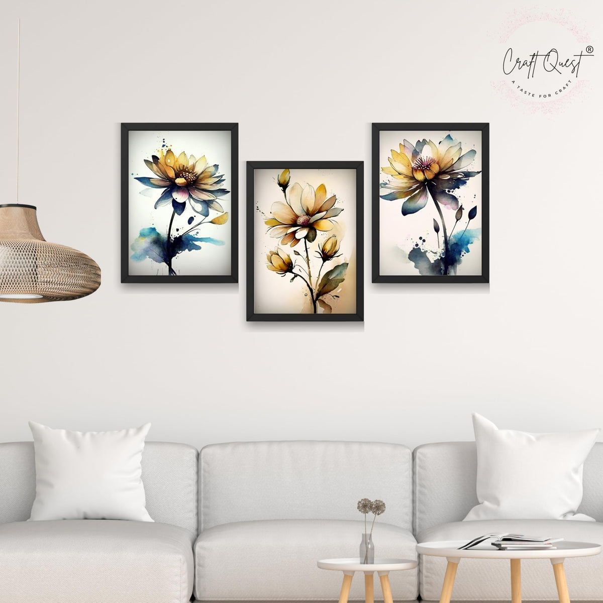 CRAFT QUEST Nature Inspired Triptych Flowers Abstract Wall Art | Set of 3 Frames for Home Decoration | Ideal for Living Room, Bedroom & Office