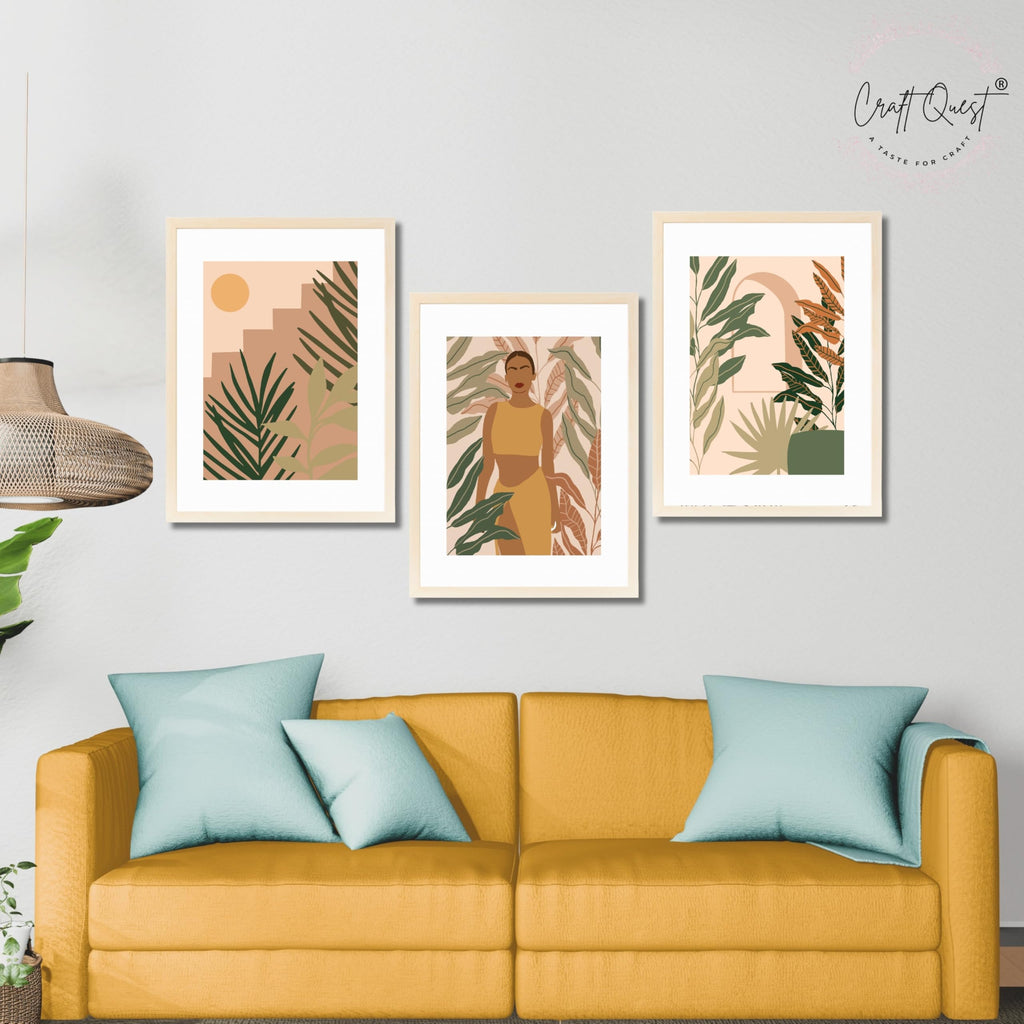 CRAFT QUEST Beautiful Abstract Of American Woman & Tropical Leaves Wall Art | Set of 3 Frames for Home Decoration | Ideal for Living Room, Bedroom & Offices