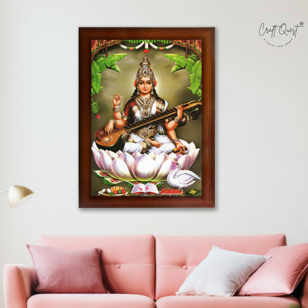 CRAFT QUEST Saraswati Devi Goddess Saraswathi Maa Photo Frame | Religious Photo Frame | Ideal for Home, Office, Temple & Puja Room, Wall Decor