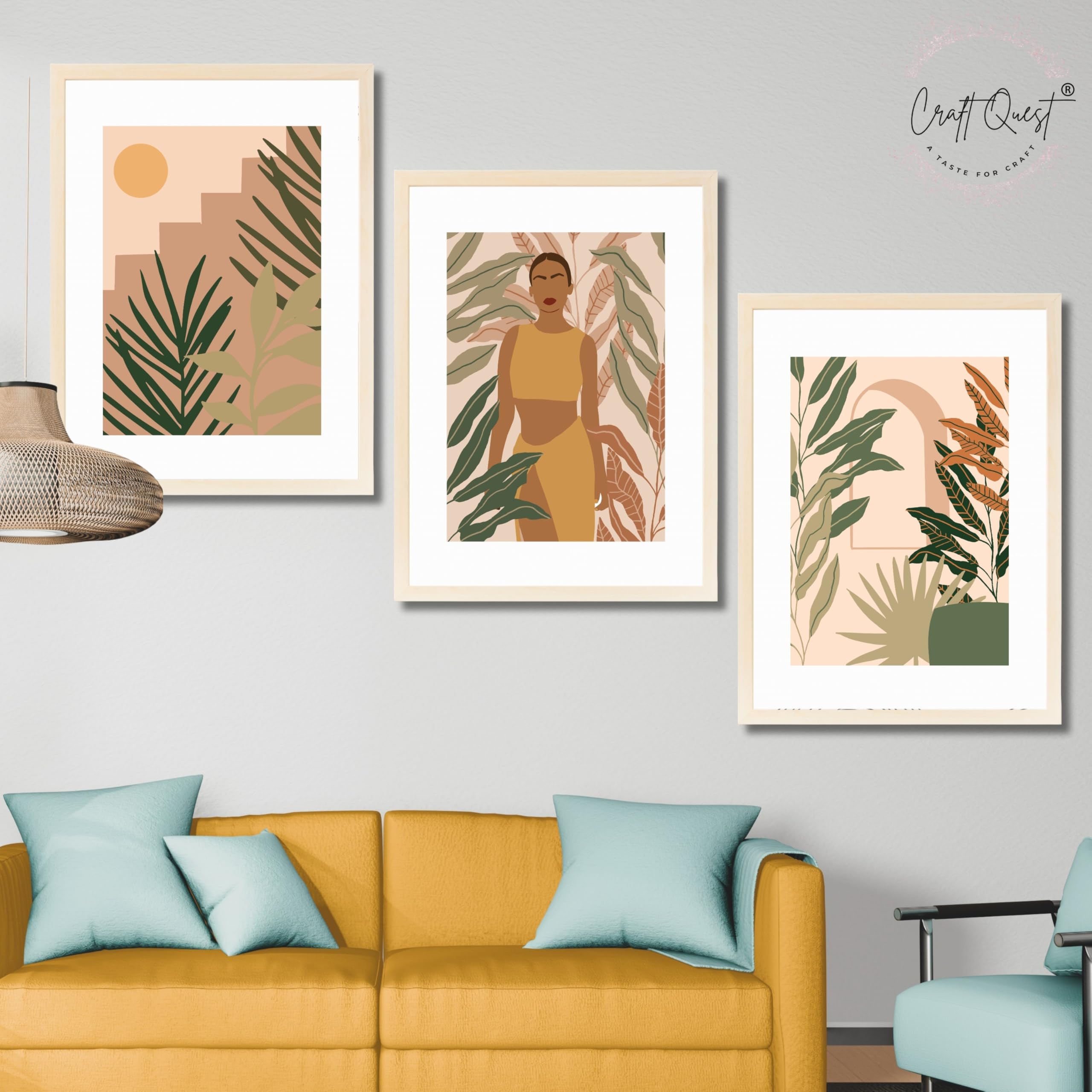 CRAFT QUEST Beautiful Abstract Of American Woman & Tropical Leaves Wall Art | Set of 3 Frames for Home Decoration | Ideal for Living Room, Bedroom & Offices