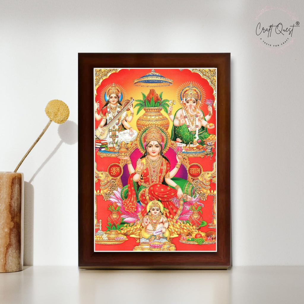 CRAFT QUEST Lakshmi Devi Ganesha Saraswati Ganesh Hanging Wall Painting Framed Home Decor Hindu Bhagwan Devi Devta Photo Frame