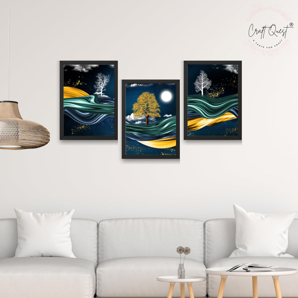 CRAFT QUEST Modern Art With Dark Blue Background & Golden Tree Wall Art | Set of 3 Frames for Home Decoration | Ideal for Living Room, Bedroom & Offices