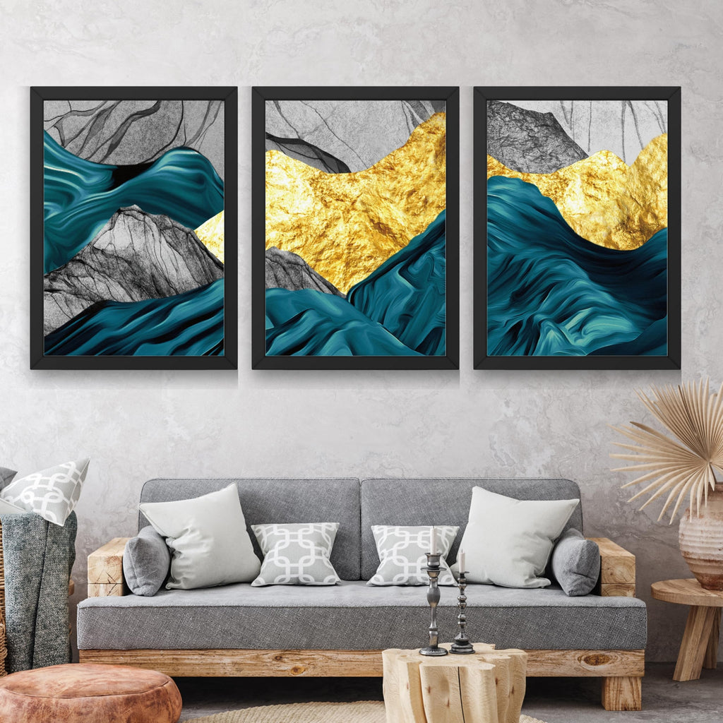 CRAFT QUEST Modern Art Abstract Golden Fashion Wall Art | Set of 3 Frames for Home Decoration | Ideal for Living Room, Bedroom & Offices