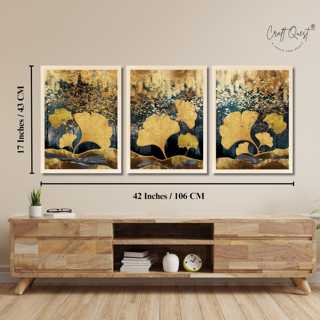 CRAFT QUEST Modern Art Of Ginko Leaves With Golden Mountains Wall Art | Set of 3 Frames for Home Decoration | Ideal for Living Room, Bedroom & Offices