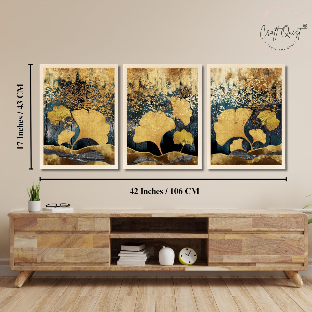 CRAFT QUEST Modern Art Of Ginko Leaves With Golden Mountains Wall Art | Set of 3 Frames for Home Decoration | Ideal for Living Room, Bedroom & Offices