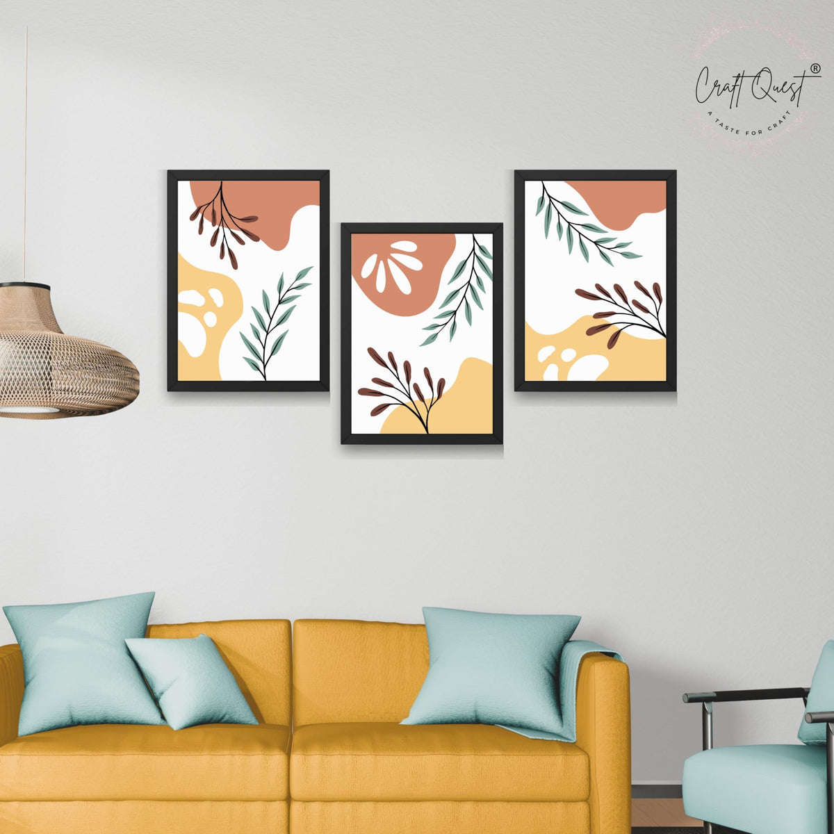 CRAFT QUEST Wall Art Decor Paintings | Set of 3 BOHO Wall Art Frames for Home Decoratio | Ideal for Living Room, Bedrooms & Offices