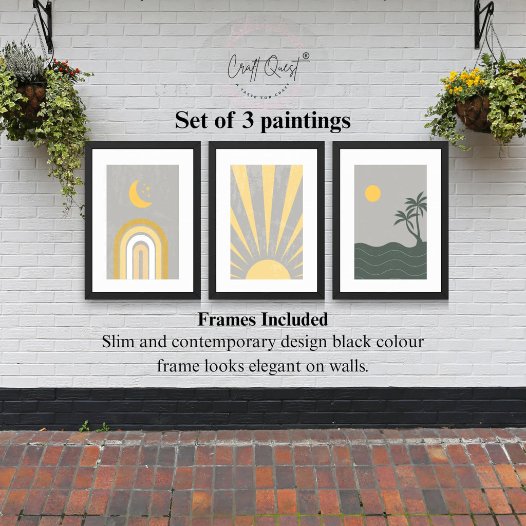CRAFT QUEST Wall Art Decor Paintings | Set of 3 BOHO Wall Art Frames for Home Decoration | Ideal for Living Room, Bedroom & Offices